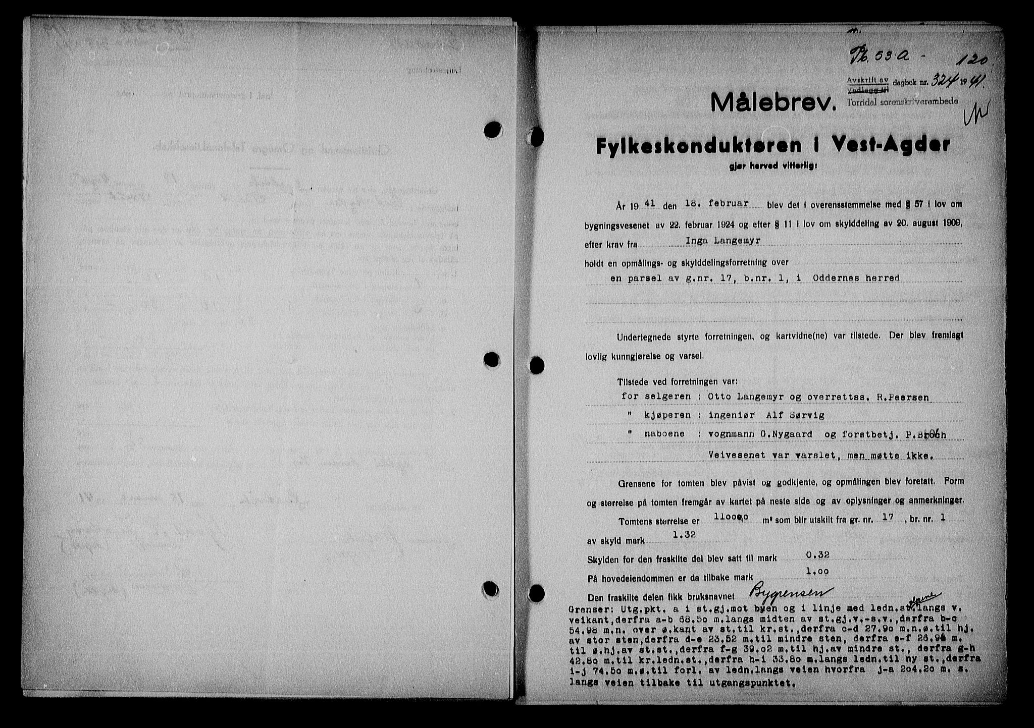 Torridal sorenskriveri, SAK/1221-0012/G/Gb/Gba/L0054: Pantebok nr. 53a, 1940-1941, Dagboknr: 324/1941