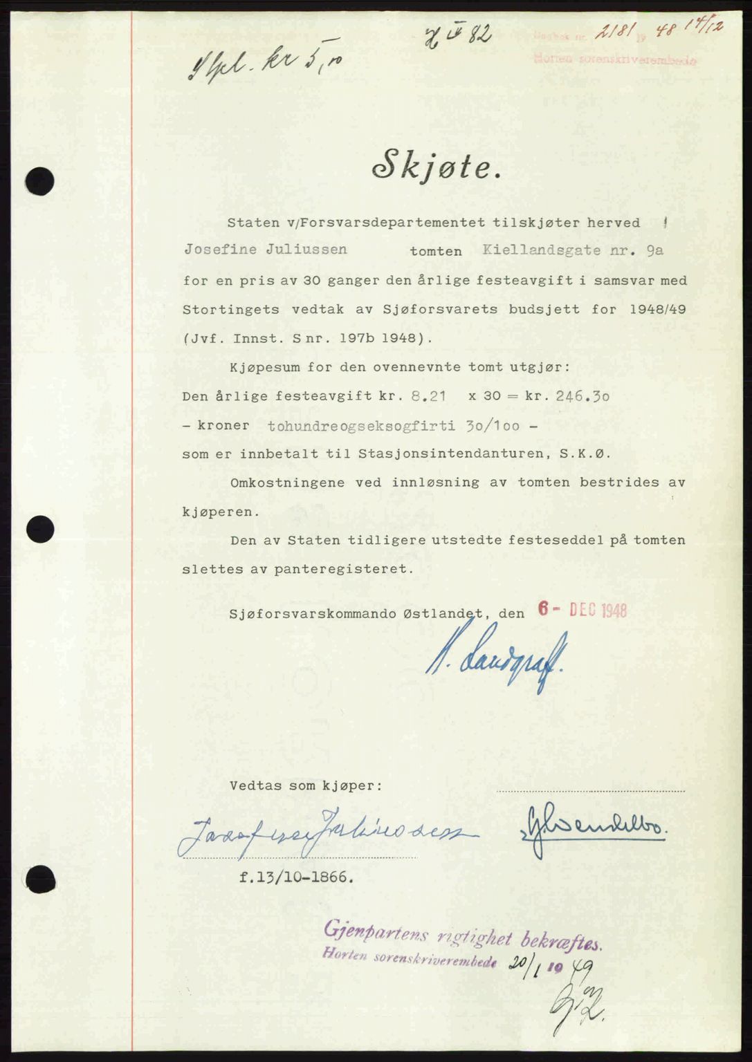 Horten sorenskriveri, SAKO/A-133/G/Ga/Gaa/L0011: Pantebok nr. A-11, 1948-1948, Dagboknr: 2181/1948
