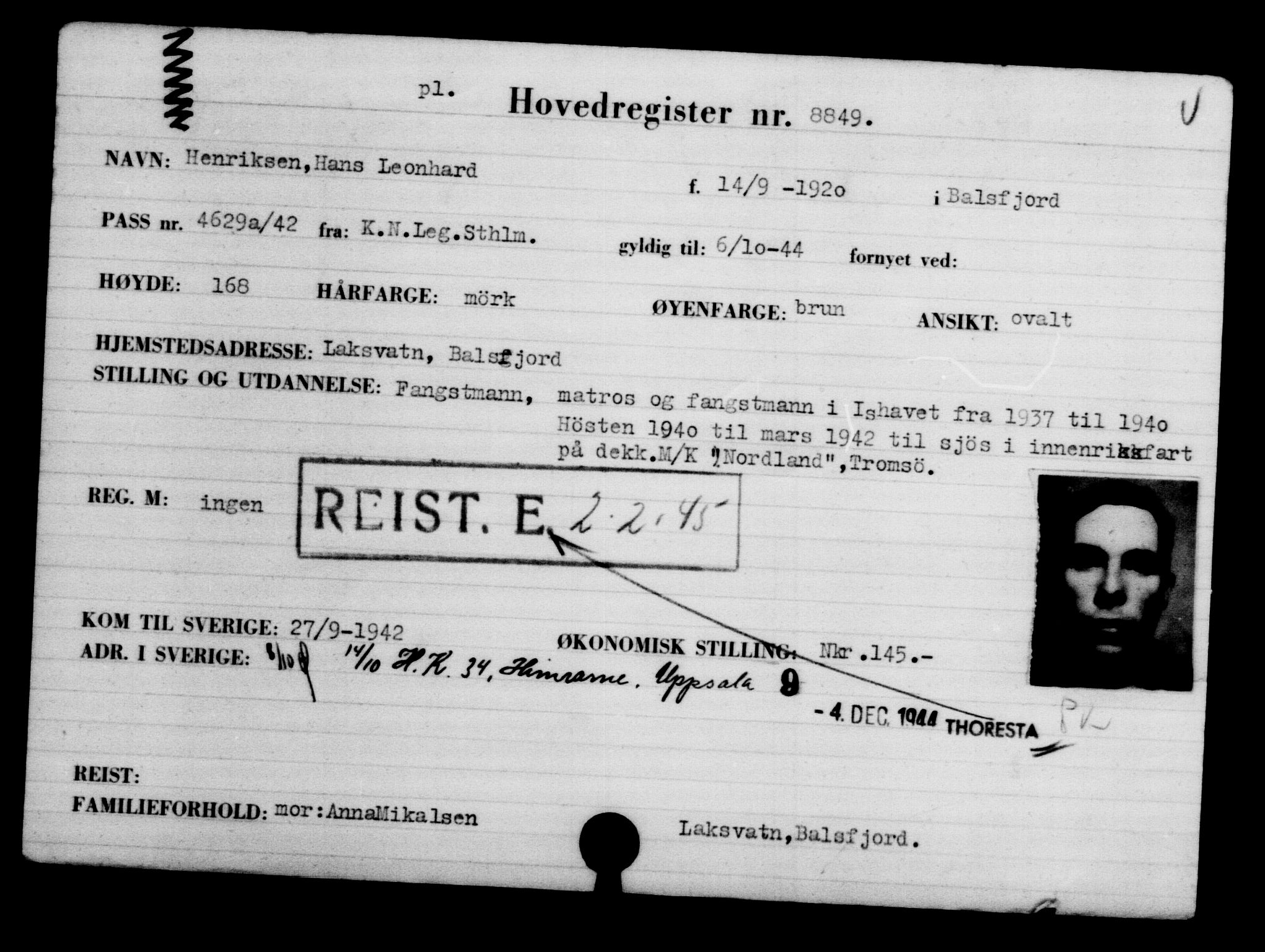 Utenriksstasjonene, Legasjonen i Stockholm, Flyktningkontoret, AV/RA-S-6753/V/Va/L0005: Kjesäterkartoteket, flyktninger med registreringsnr. 6600-9417, 1940-1945, s. 2633