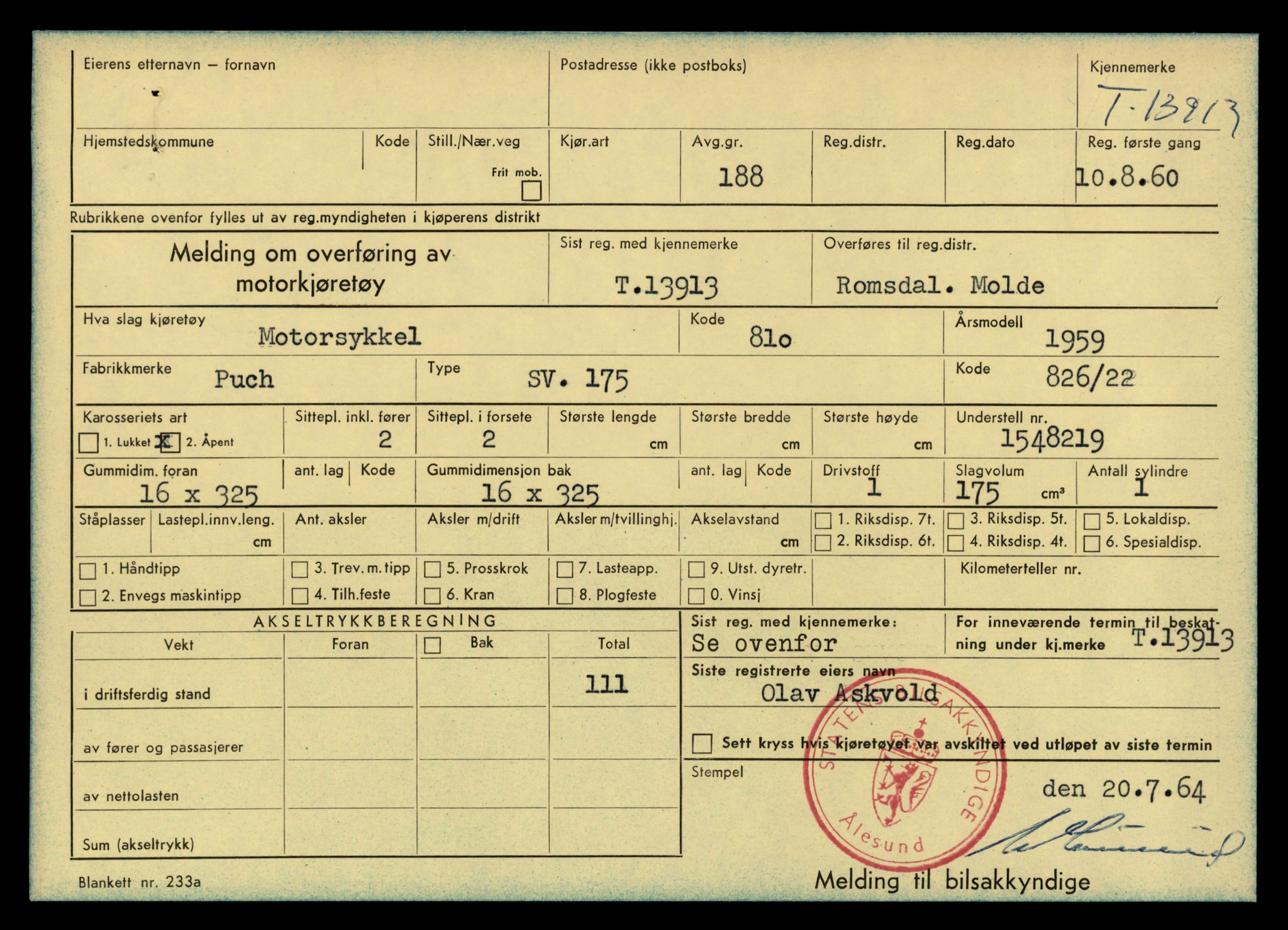 Møre og Romsdal vegkontor - Ålesund trafikkstasjon, AV/SAT-A-4099/F/Fe/L0042: Registreringskort for kjøretøy T 13906 - T 14079, 1927-1998, s. 111