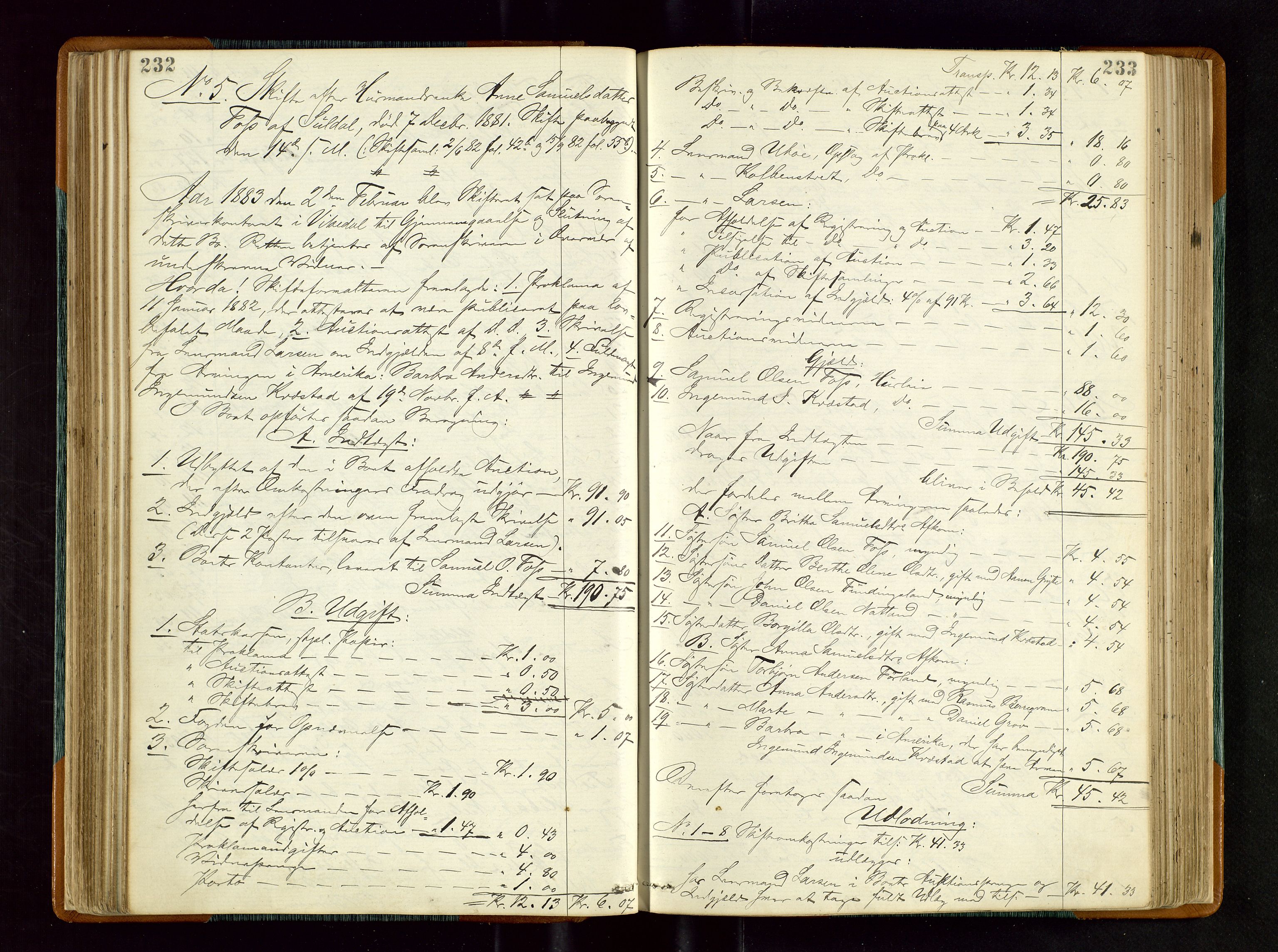 Ryfylke tingrett, AV/SAST-A-100055/001/IV/IVD/L0027: Skifteprotokoll, register i protokollen, 1881-1885, s. 232-233