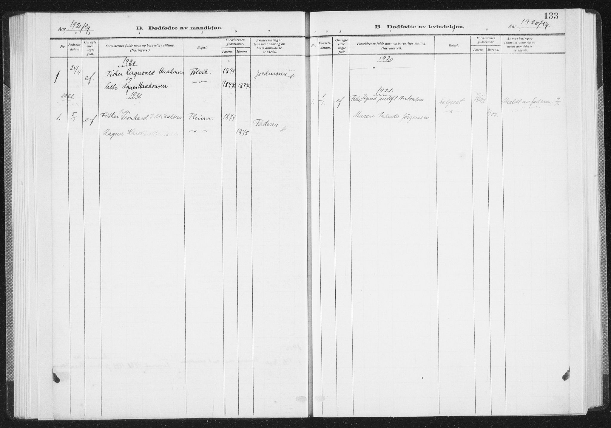 Ministerialprotokoller, klokkerbøker og fødselsregistre - Nordland, SAT/A-1459/805/L0104: Ministerialbok nr. 805A09, 1909-1926, s. 133