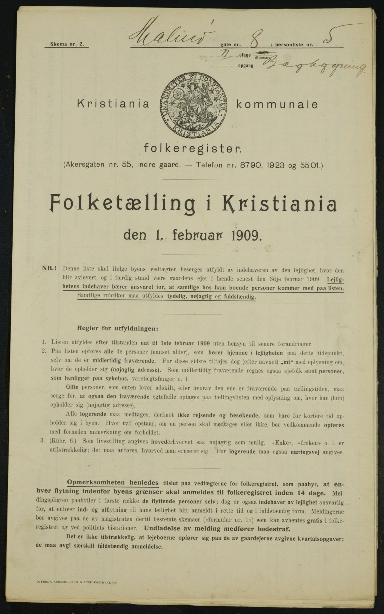 OBA, Kommunal folketelling 1.2.1909 for Kristiania kjøpstad, 1909, s. 54601