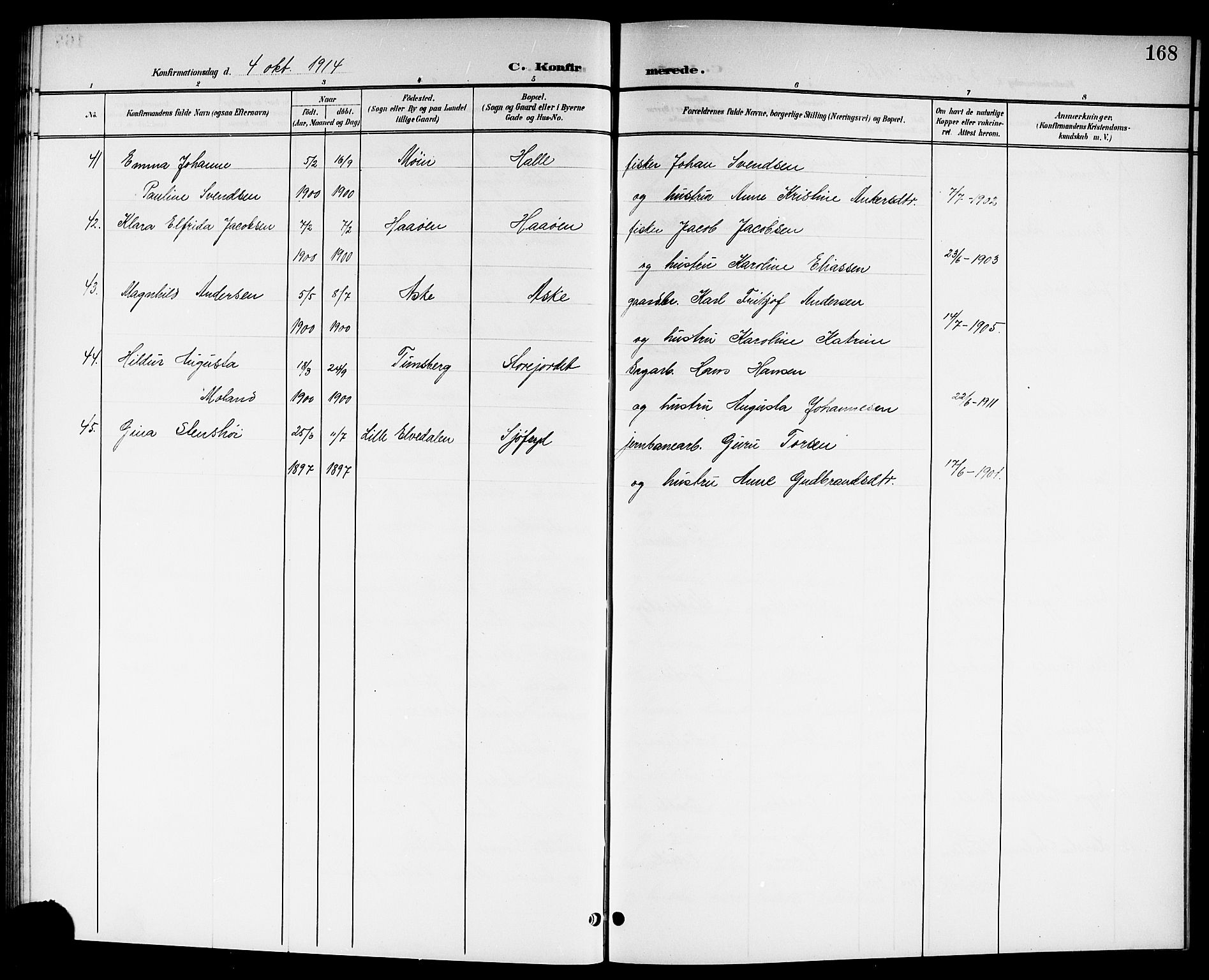 Brunlanes kirkebøker, AV/SAKO-A-342/G/Ga/L0004: Klokkerbok nr. I 4, 1898-1921, s. 168