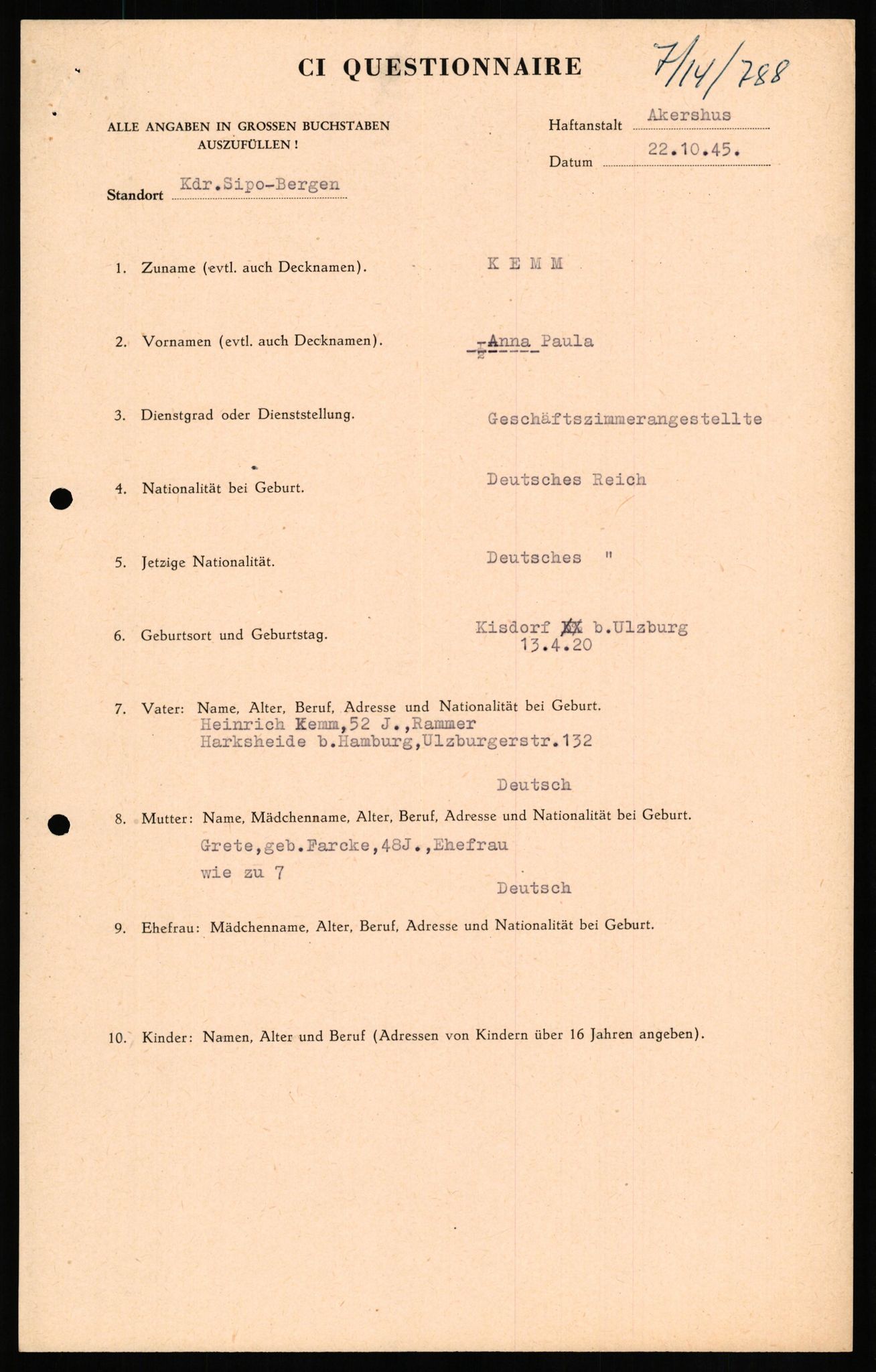 Forsvaret, Forsvarets overkommando II, AV/RA-RAFA-3915/D/Db/L0016: CI Questionaires. Tyske okkupasjonsstyrker i Norge. Tyskere., 1945-1946, s. 297