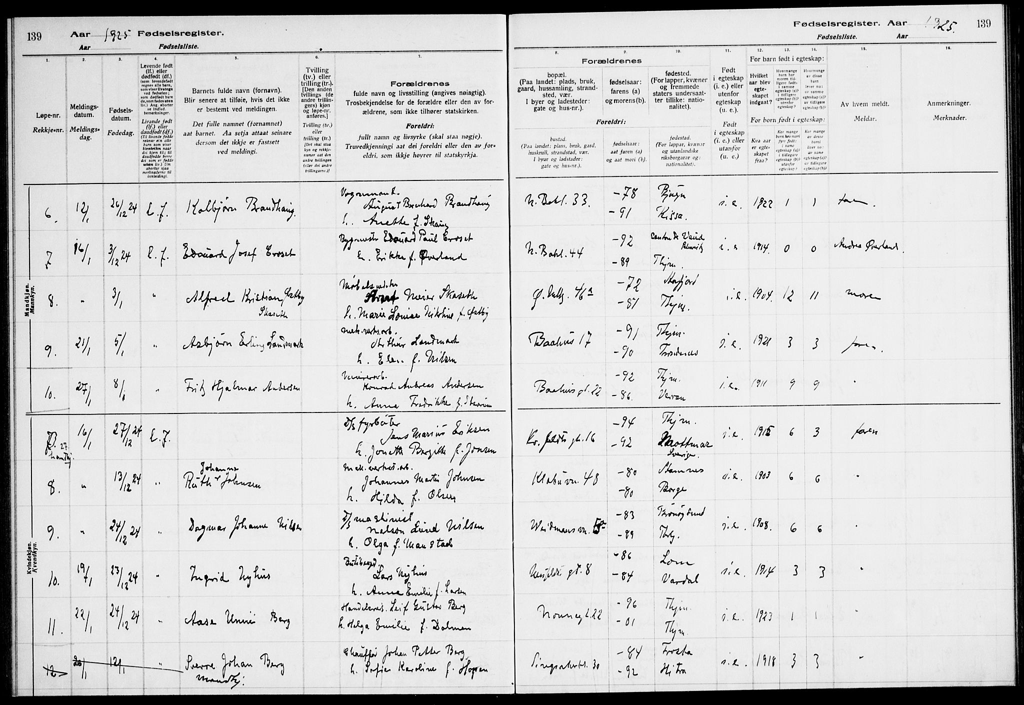 Ministerialprotokoller, klokkerbøker og fødselsregistre - Sør-Trøndelag, SAT/A-1456/604/L0233: Fødselsregister nr. 604.II.4.2, 1920-1928, s. 139
