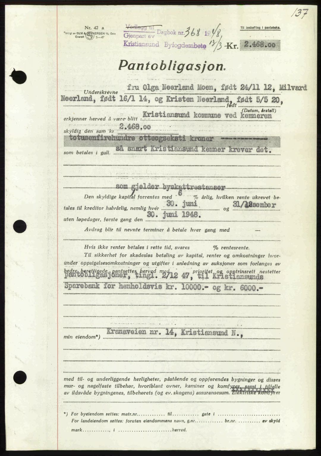 Kristiansund byfogd, AV/SAT-A-4587/A/27: Pantebok nr. 44, 1947-1948, Dagboknr: 368/1948