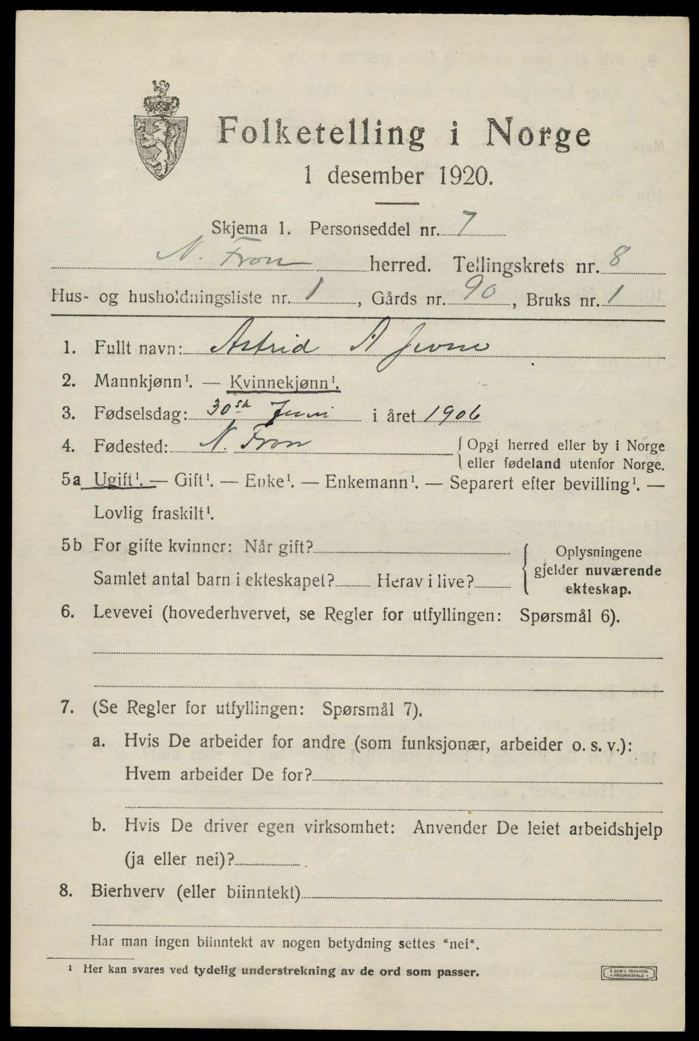 SAH, Folketelling 1920 for 0518 Nord-Fron herred, 1920, s. 6686