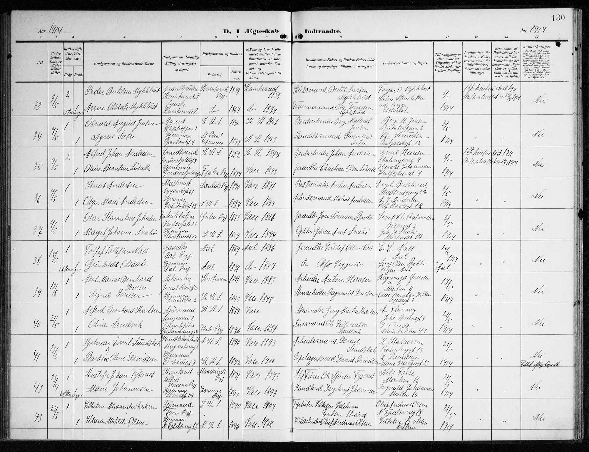 Korskirken sokneprestembete, AV/SAB-A-76101/H/Haa/L0038: Ministerialbok nr. D 5, 1904-1919, s. 130