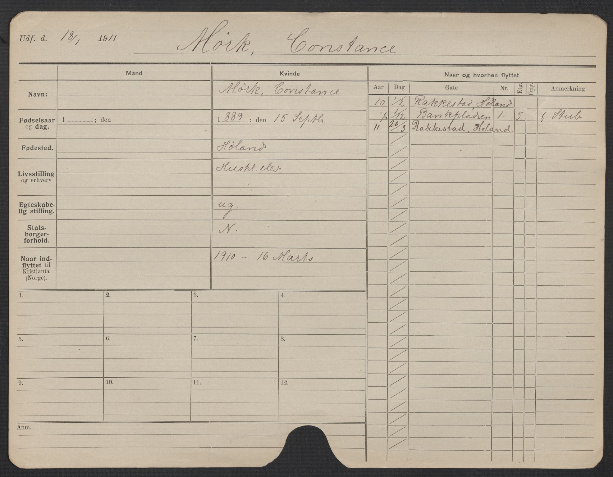 Oslo folkeregister, Registerkort, AV/SAO-A-11715/F/Fa/Fac/L0020: Kvinner, 1906-1914, s. 1225a