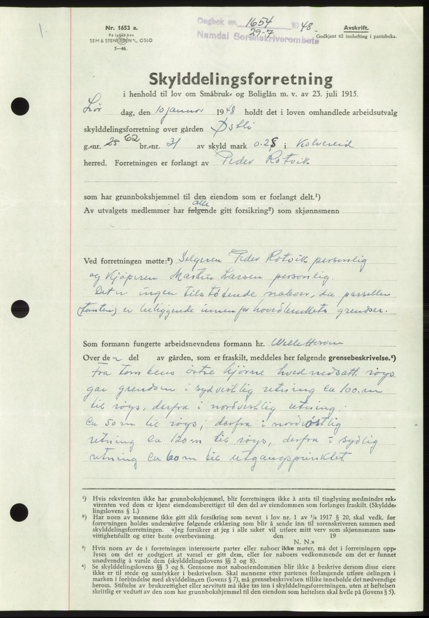 Namdal sorenskriveri, SAT/A-4133/1/2/2C: Pantebok nr. -, 1948-1948, Dagboknr: 1654/1948