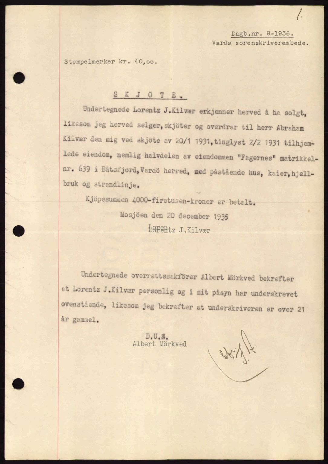 Vardø fogderi-sorenskriveri, SATØ/S-0060/1/L/Lh/L0001pantebokA: Pantebok nr. A1, 1936-1938, Dagboknr: 9/1936