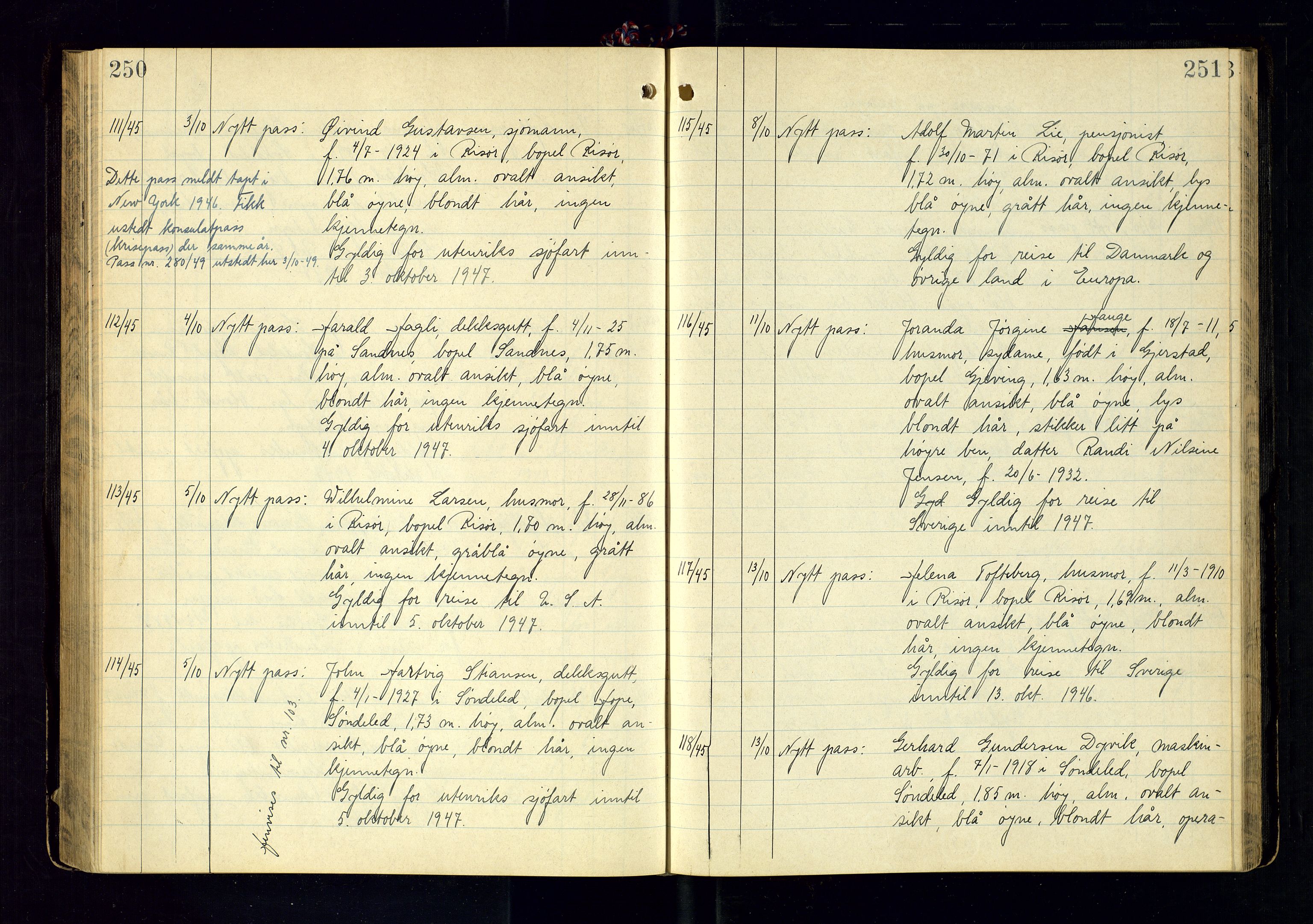 Risør politistasjon, AV/SAK-1243-0006/K/Ka/L0001/0001: Passprotokoller / Passprotokoll, 1931-1946, s. 250-251