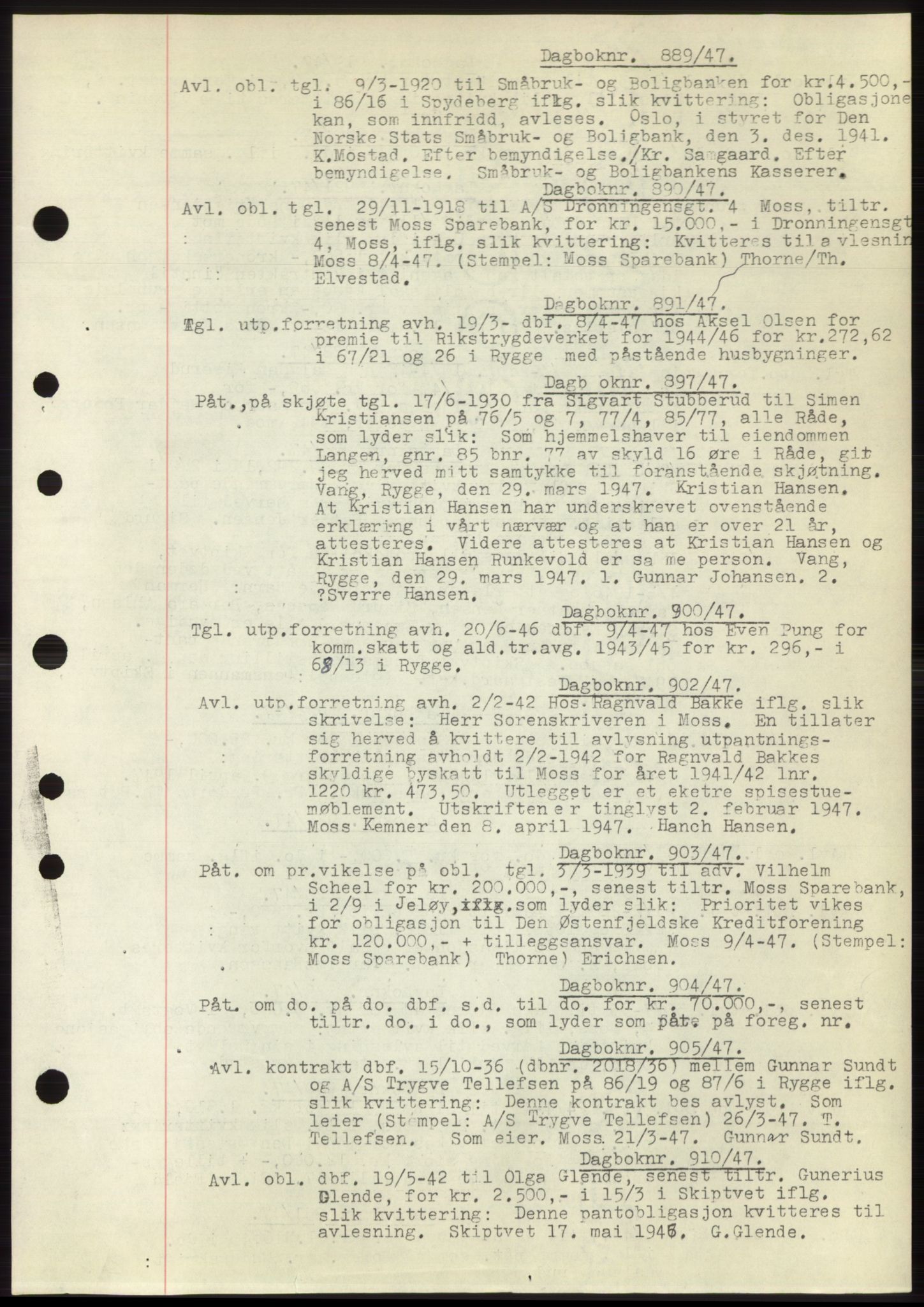 Moss sorenskriveri, SAO/A-10168: Pantebok nr. C10, 1938-1950, Dagboknr: 889/1947