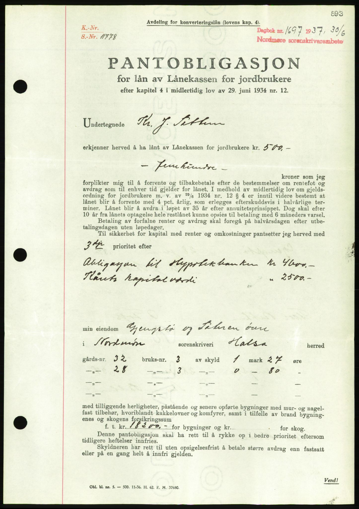 Nordmøre sorenskriveri, AV/SAT-A-4132/1/2/2Ca/L0091: Pantebok nr. B81, 1937-1937, Dagboknr: 1697/1937