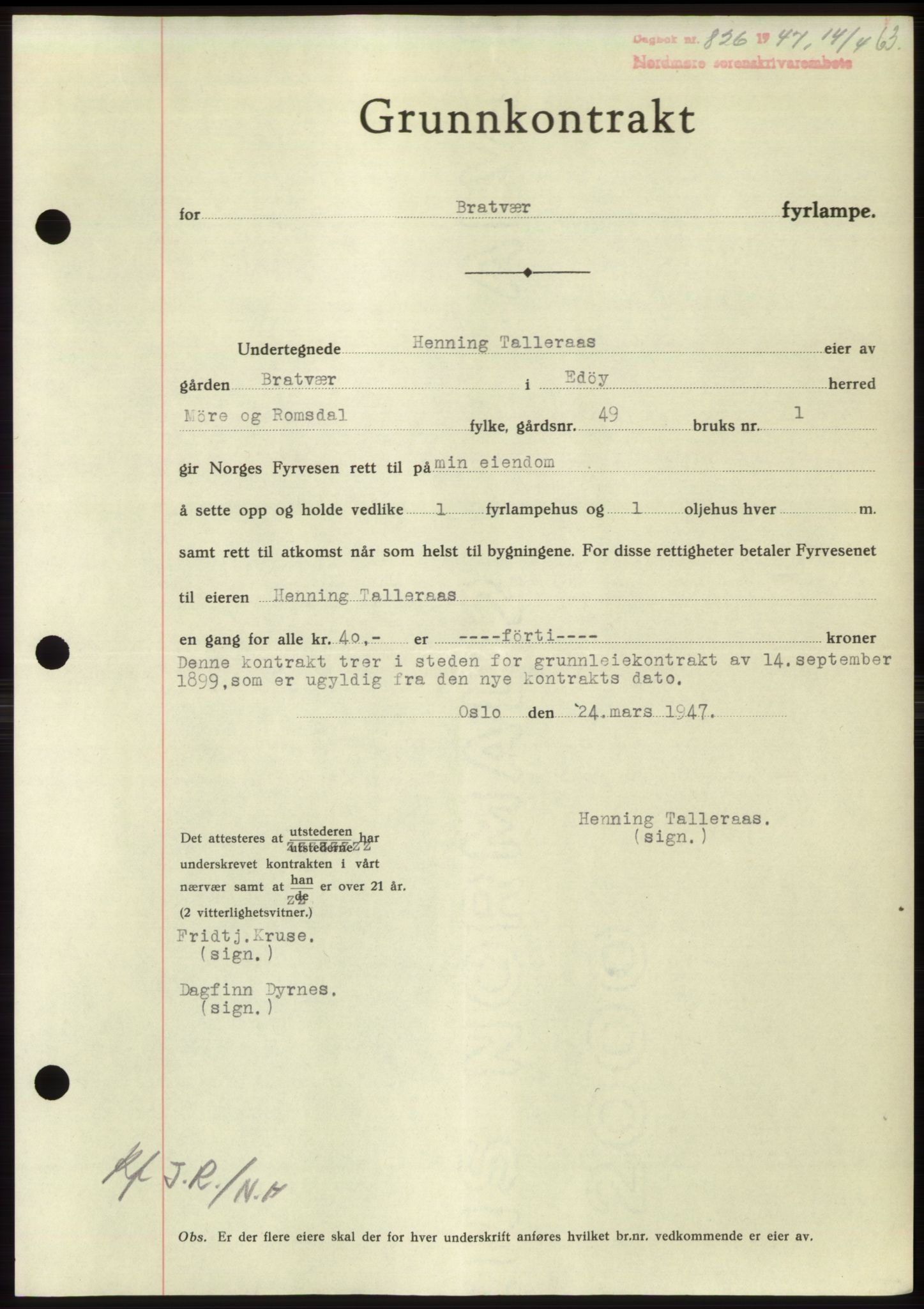 Nordmøre sorenskriveri, SAT/A-4132/1/2/2Ca: Pantebok nr. B96, 1947-1947, Dagboknr: 826/1947