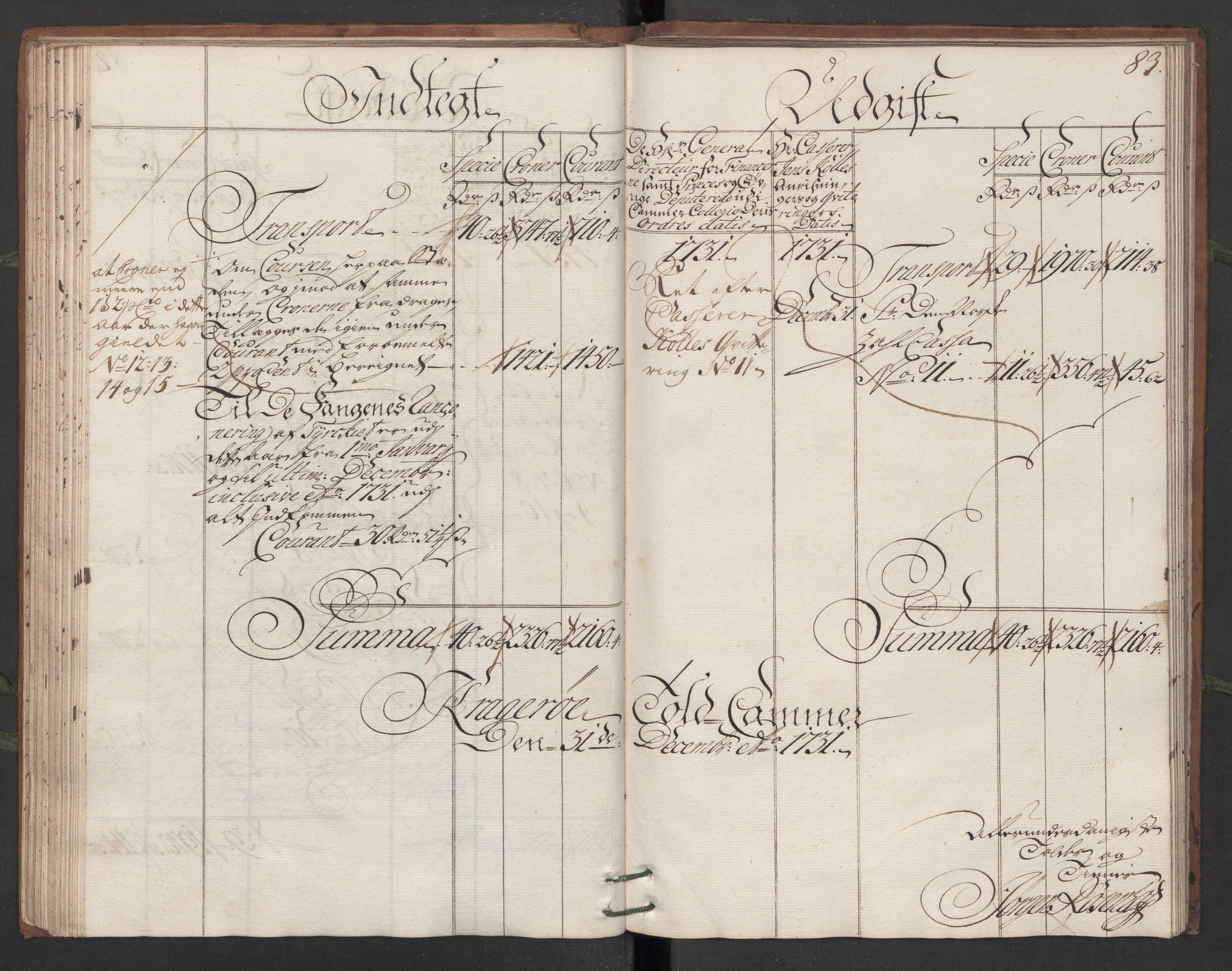 Generaltollkammeret, tollregnskaper, AV/RA-EA-5490/R13/L0006/0001: Tollregnskaper Kragerø / Hovedtollbok, 1731, s. 82b-83a