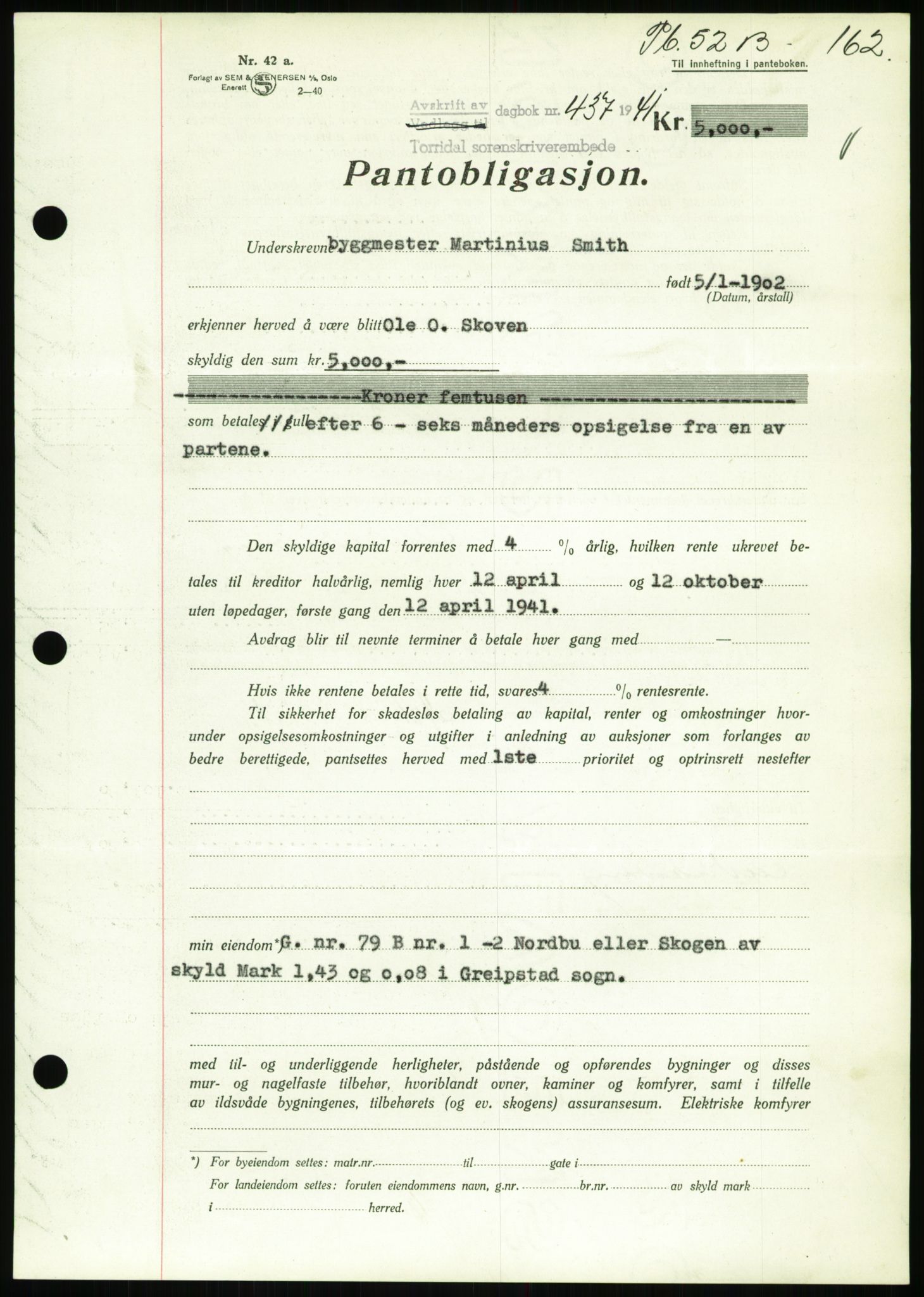 Torridal sorenskriveri, SAK/1221-0012/G/Gb/Gbb/L0008: Pantebok nr. 52b, 1940-1942, Dagboknr: 437/1941
