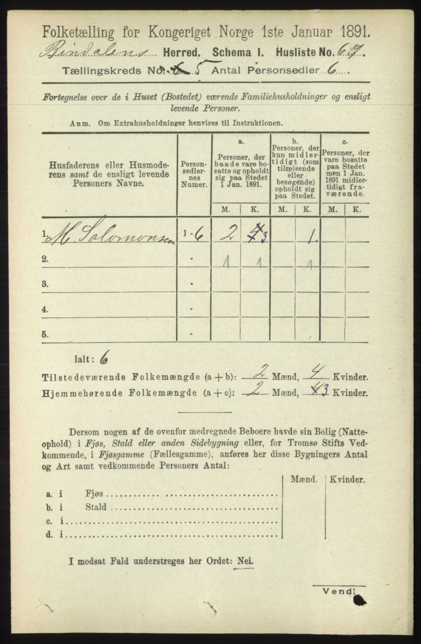 RA, Folketelling 1891 for 1811 Bindal herred, 1891, s. 1336