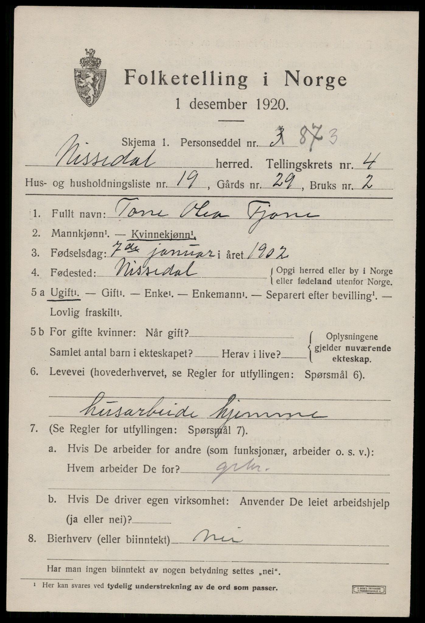 SAKO, Folketelling 1920 for 0830 Nissedal herred, 1920, s. 2001