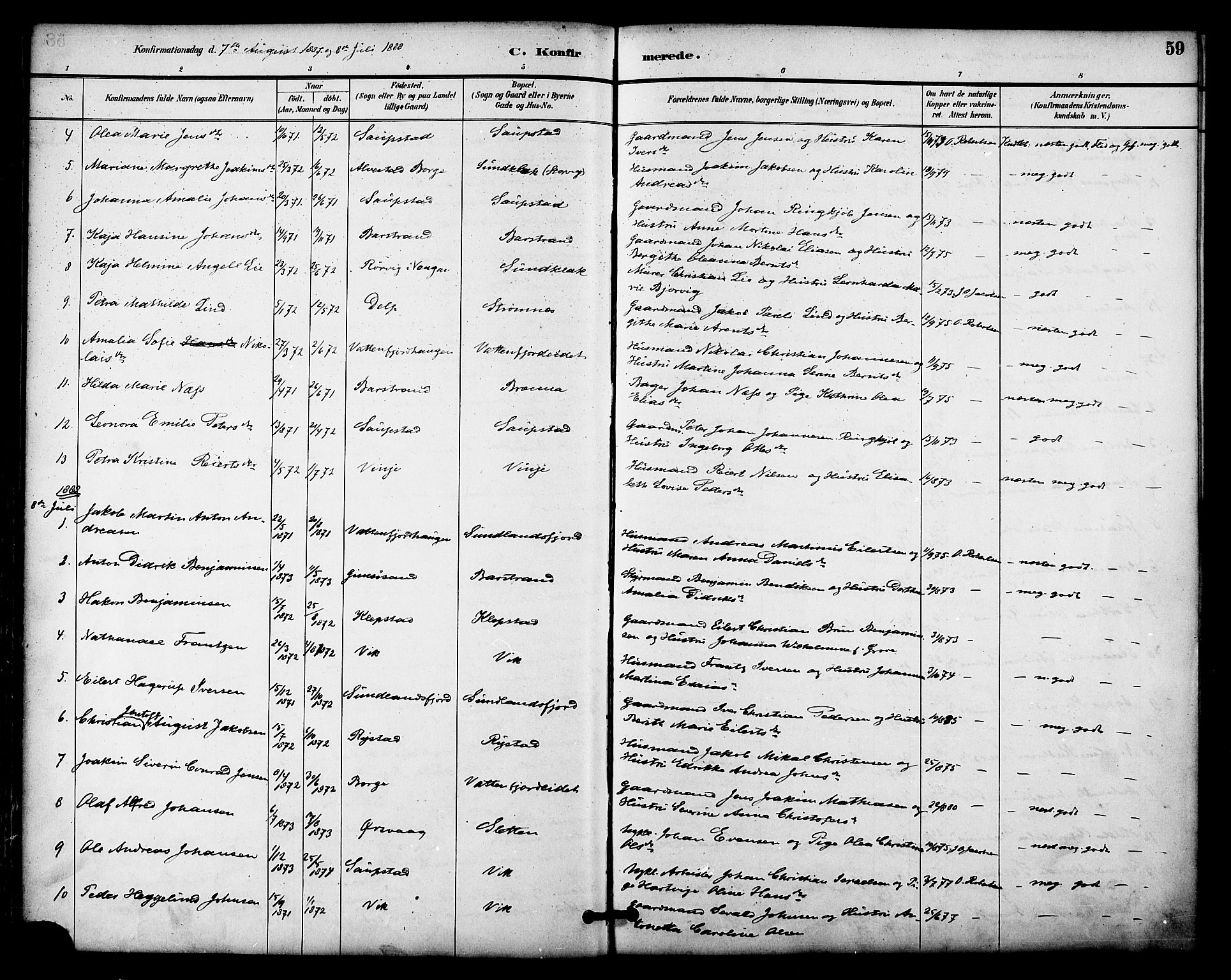 Ministerialprotokoller, klokkerbøker og fødselsregistre - Nordland, SAT/A-1459/876/L1097: Ministerialbok nr. 876A03, 1886-1896, s. 59