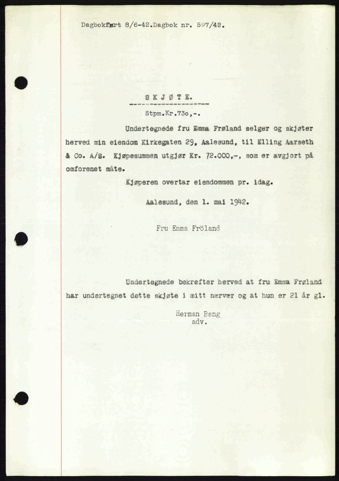 Ålesund byfogd, AV/SAT-A-4384: Pantebok nr. 35, 1940-1944, Dagboknr: 597/1942