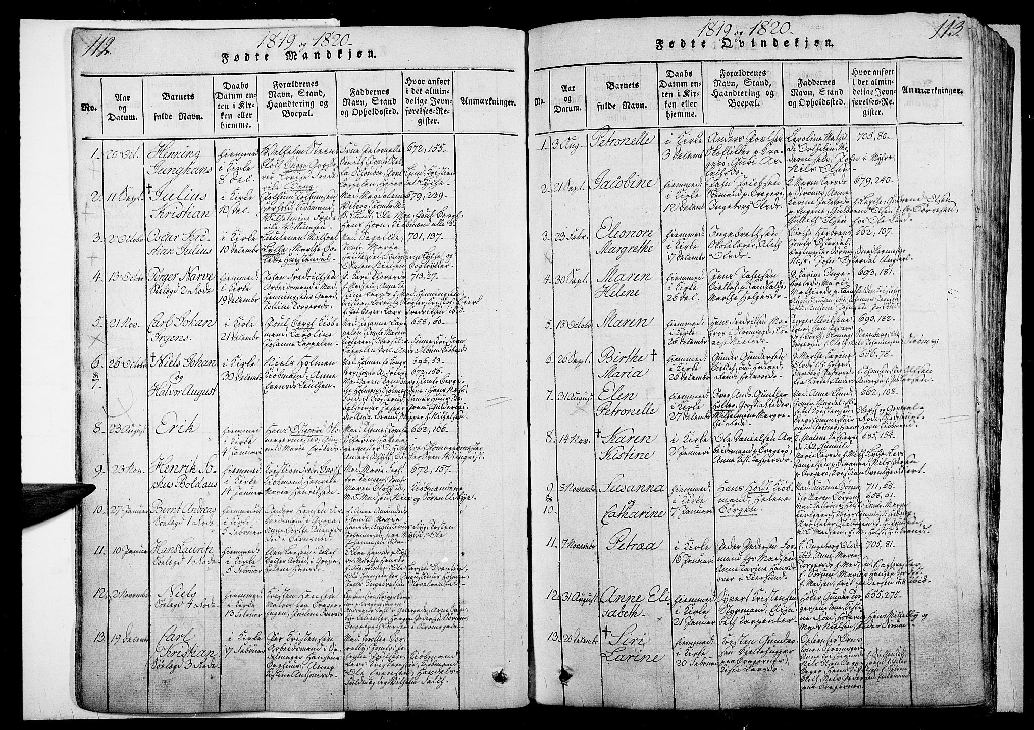 Bragernes kirkebøker, AV/SAKO-A-6/G/Ga/L0001: Klokkerbok nr. 1, 1815-1829, s. 112-113