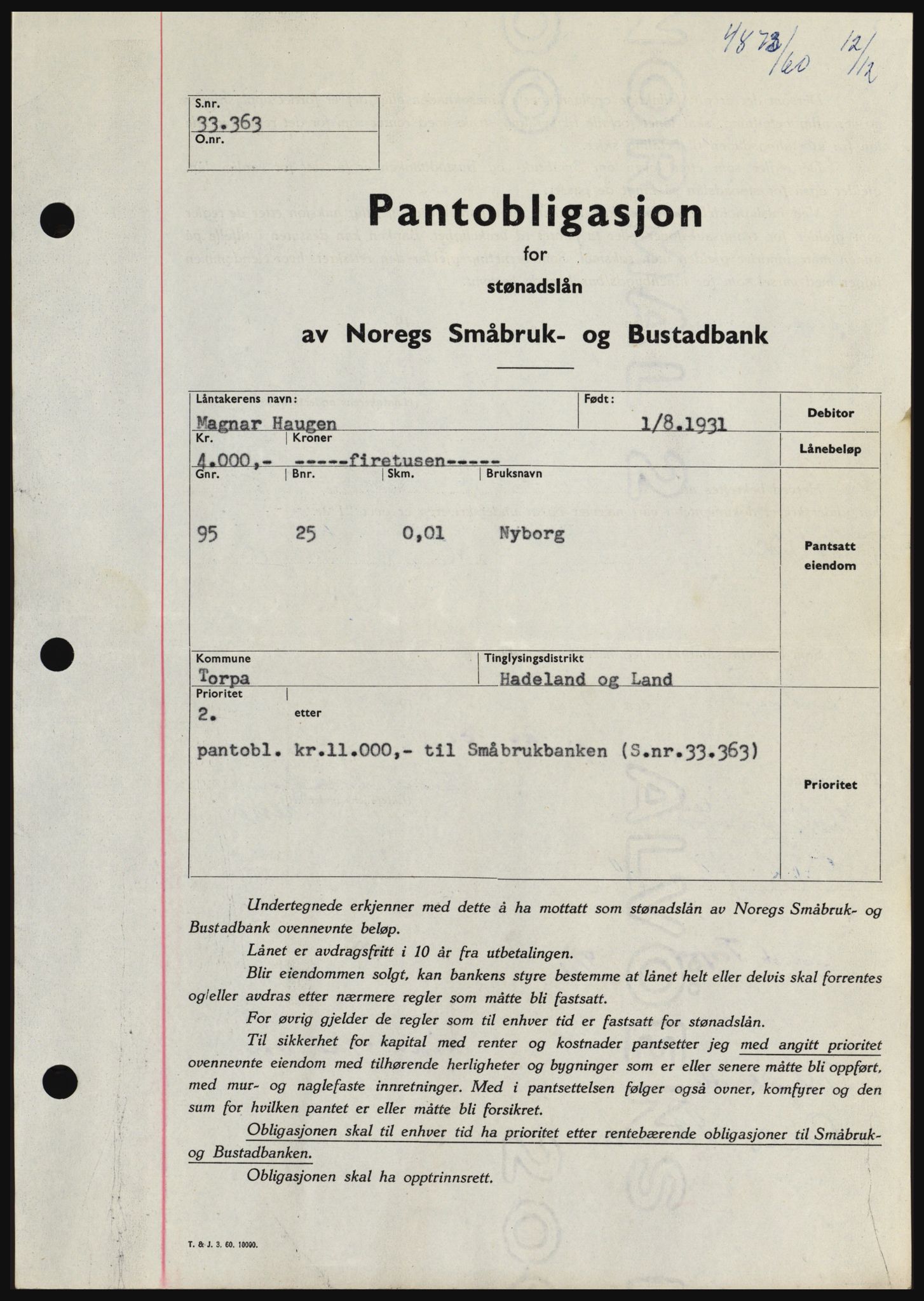 Hadeland og Land tingrett, SAH/TING-010/H/Hb/Hbc/L0044: Pantebok nr. B44, 1960-1961, Dagboknr: 4873/1960