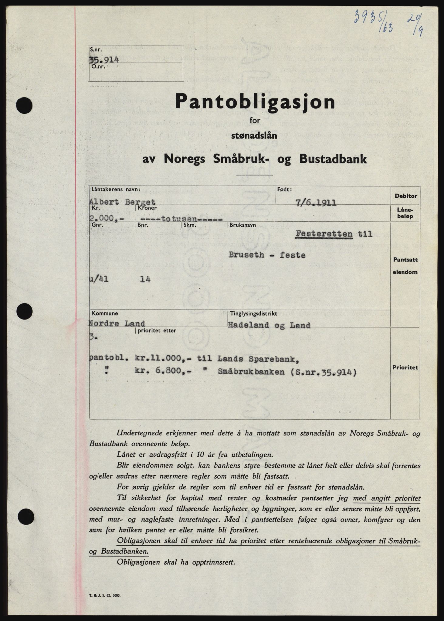 Hadeland og Land tingrett, SAH/TING-010/H/Hb/Hbc/L0052: Pantebok nr. B52, 1963-1963, Dagboknr: 3935/1963