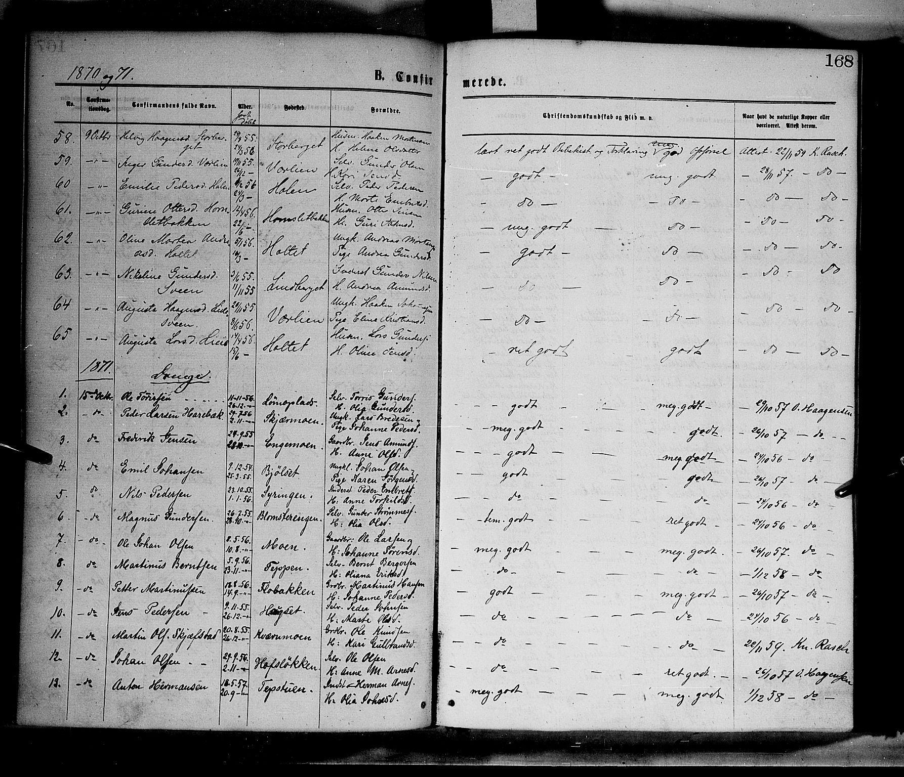 Elverum prestekontor, AV/SAH-PREST-044/H/Ha/Haa/L0011: Ministerialbok nr. 11, 1869-1879, s. 168