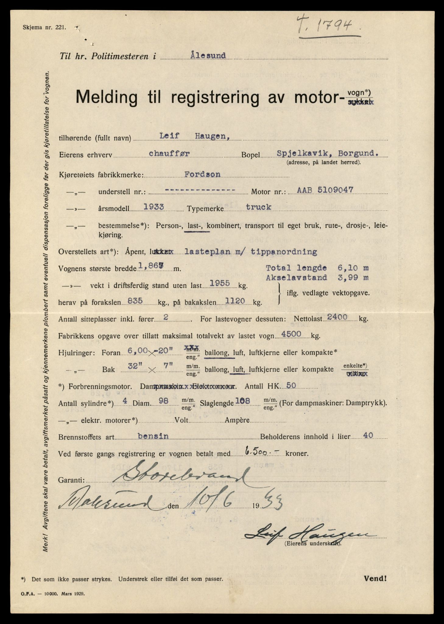 Møre og Romsdal vegkontor - Ålesund trafikkstasjon, AV/SAT-A-4099/F/Fe/L0015: Registreringskort for kjøretøy T 1700 - T 1850, 1927-1998, s. 3033