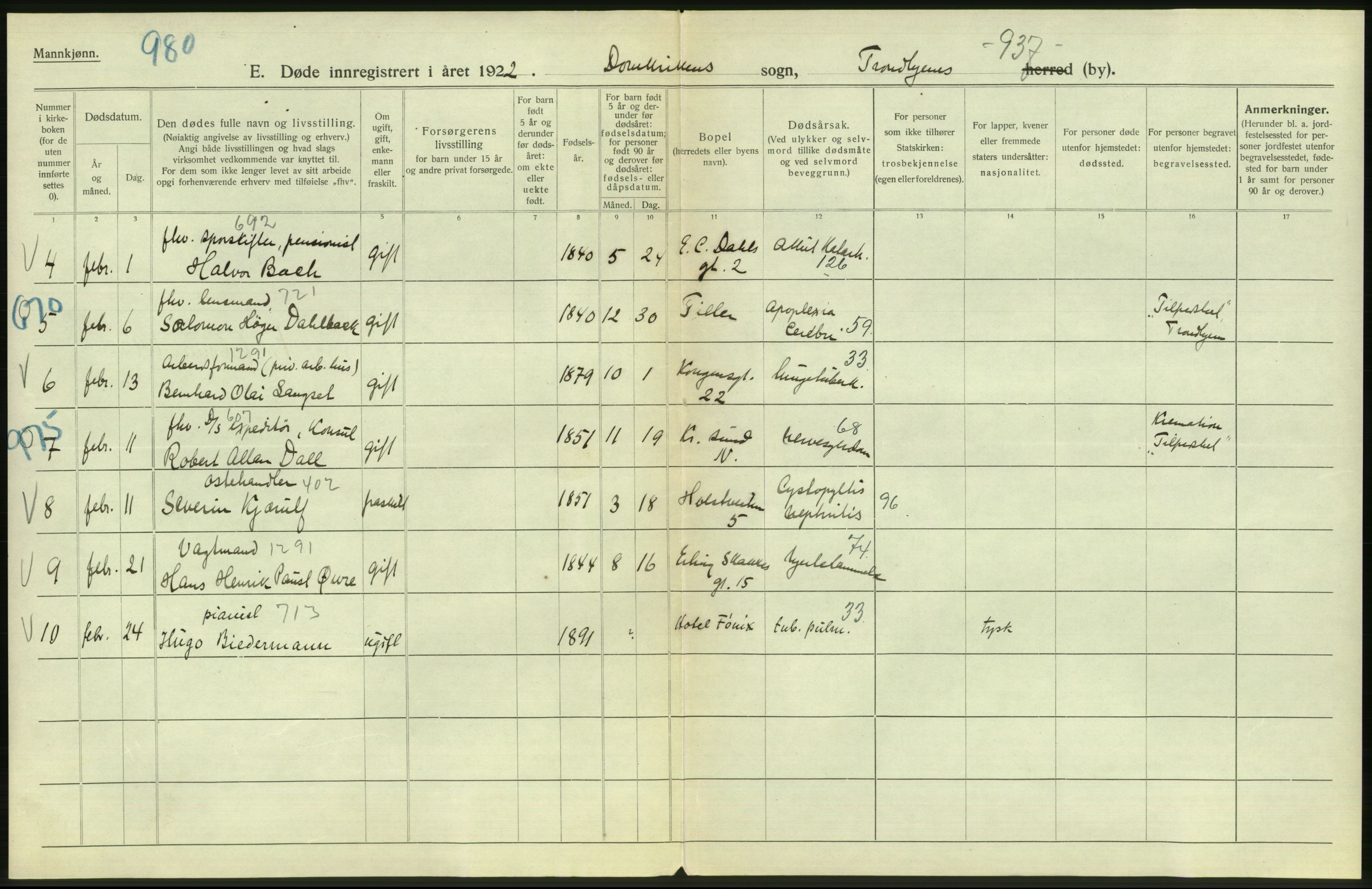 Statistisk sentralbyrå, Sosiodemografiske emner, Befolkning, AV/RA-S-2228/D/Df/Dfc/Dfcb/L0040: Trondheim: Gifte, døde, dødfødte., 1922, s. 348