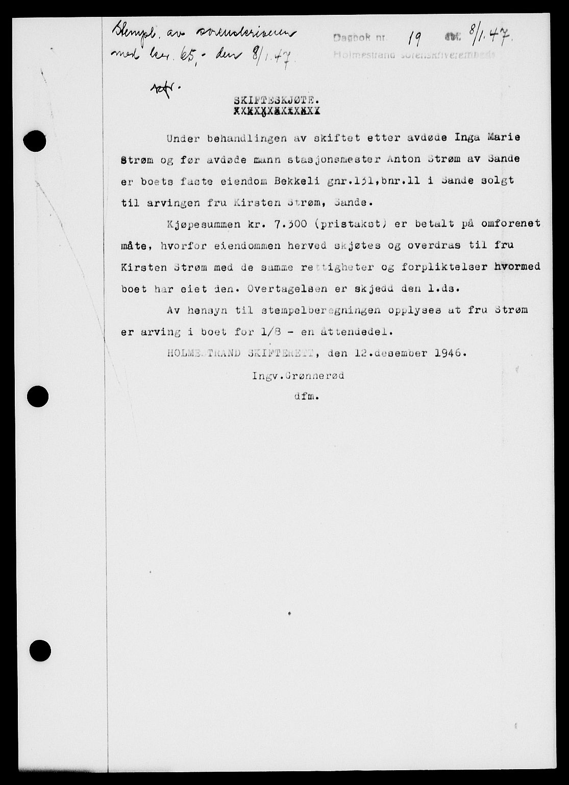 Holmestrand sorenskriveri, SAKO/A-67/G/Ga/Gaa/L0061: Pantebok nr. A-61, 1946-1947, Dagboknr: 19/1947