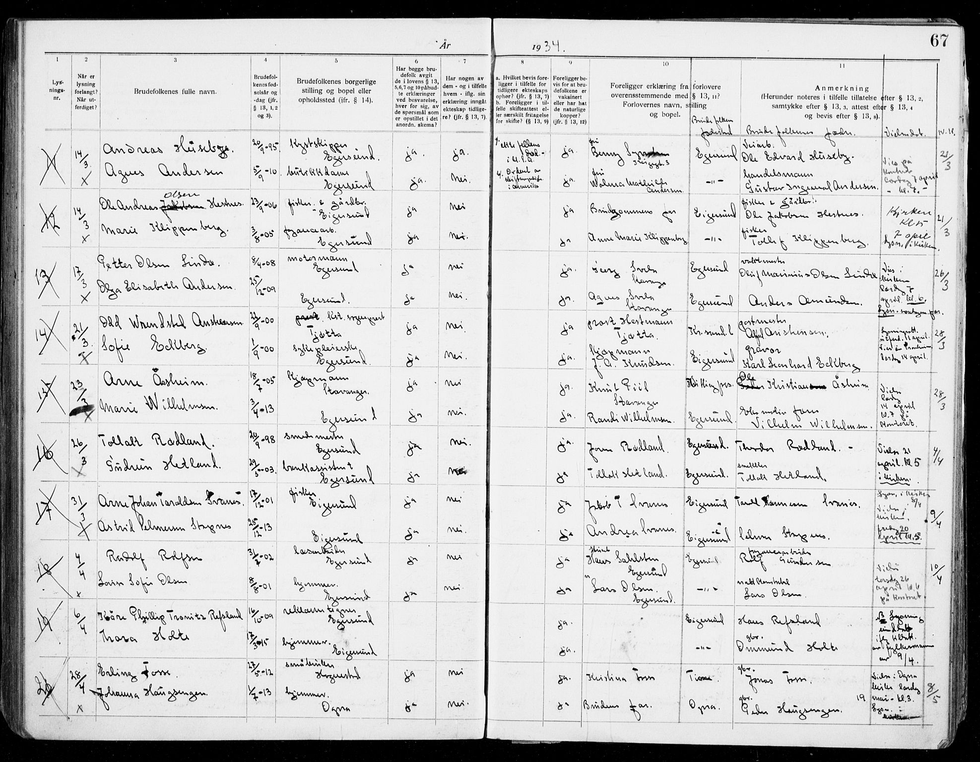 Eigersund sokneprestkontor, AV/SAST-A-101807/S27/L0003: Lysningsprotokoll nr. 3, 1919-1939, s. 67