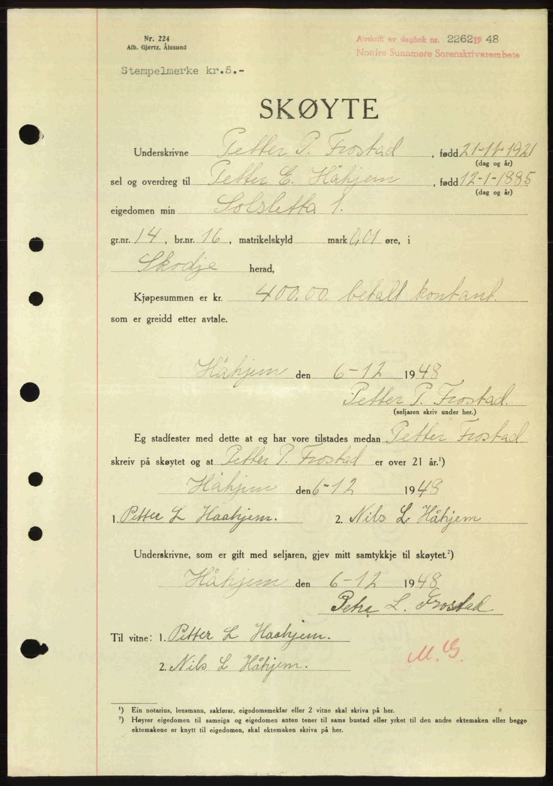 Nordre Sunnmøre sorenskriveri, SAT/A-0006/1/2/2C/2Ca: Pantebok nr. A29, 1948-1949, Dagboknr: 2262/1948