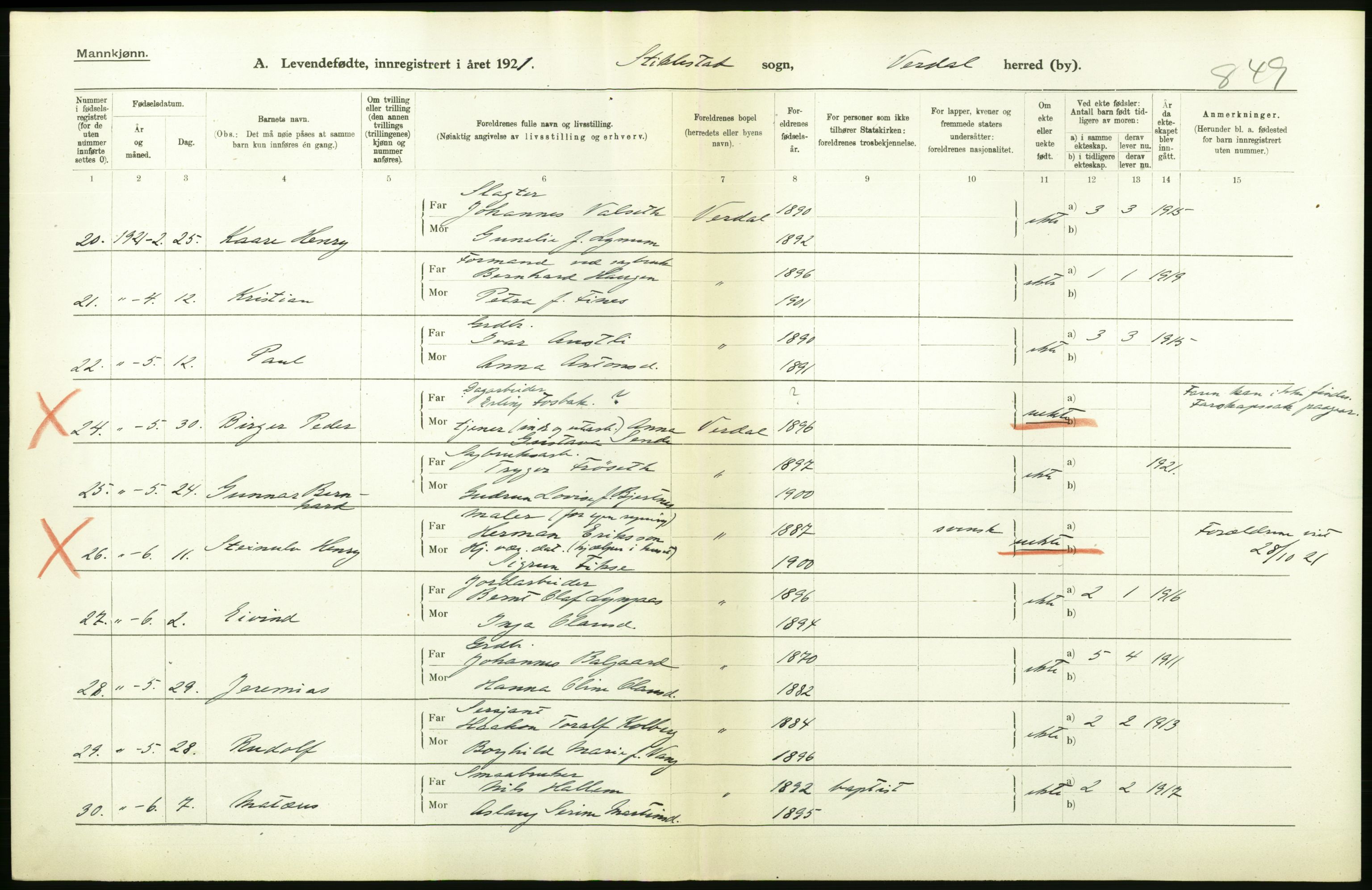 Statistisk sentralbyrå, Sosiodemografiske emner, Befolkning, AV/RA-S-2228/D/Df/Dfc/Dfca/L0047: N. Trøndelag fylke: Levendefødte menn og kvinner. Bygder og byer., 1921, s. 142