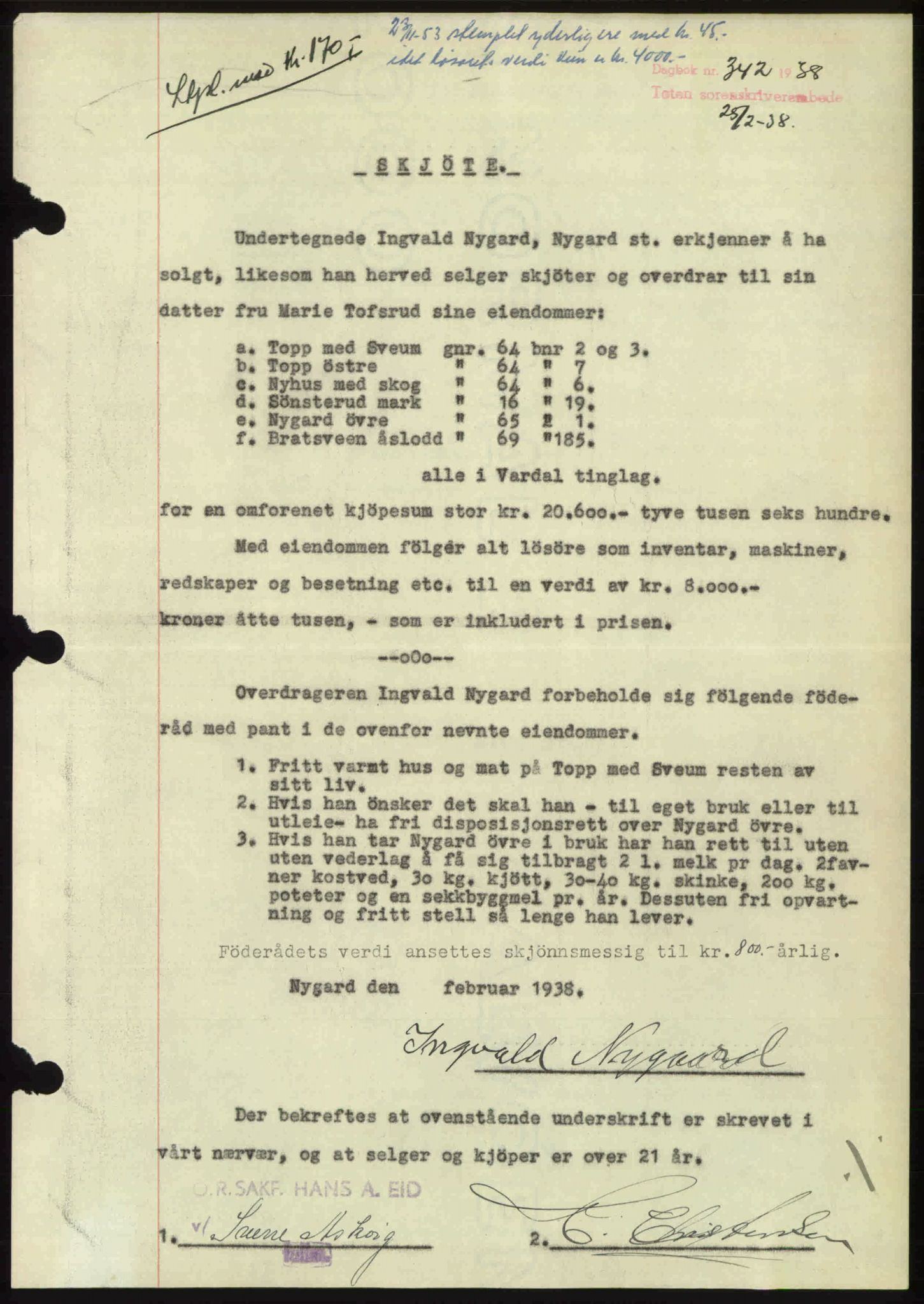 Toten tingrett, SAH/TING-006/H/Hb/Hbc/L0003: Pantebok nr. Hbc-03, 1937-1938, Dagboknr: 342/1938