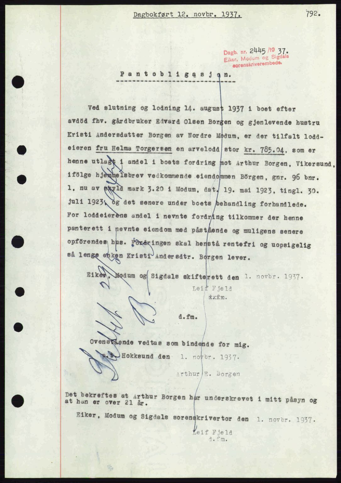 Eiker, Modum og Sigdal sorenskriveri, SAKO/A-123/G/Ga/Gab/L0036: Pantebok nr. A6, 1937-1937, Dagboknr: 2445/1937