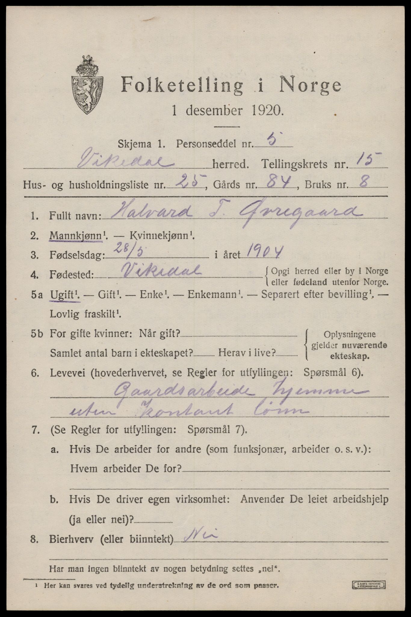 SAST, Folketelling 1920 for 1157 Vikedal herred, 1920, s. 4767