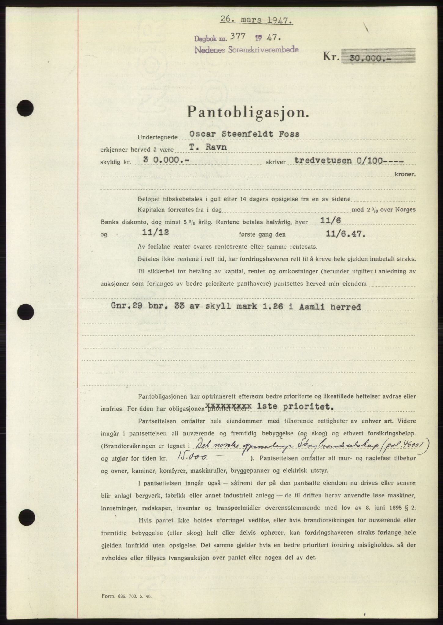 Nedenes sorenskriveri, SAK/1221-0006/G/Gb/Gbb/L0004: Pantebok nr. B4, 1947-1947, Dagboknr: 377/1947