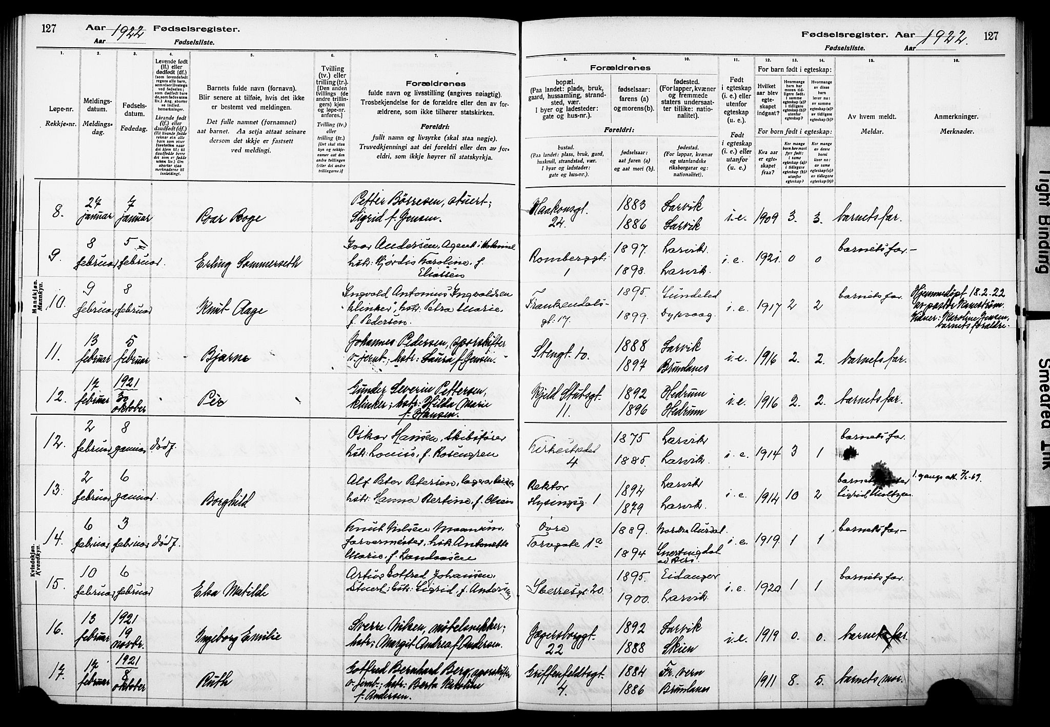 Larvik kirkebøker, AV/SAKO-A-352/J/Ja/L0001: Fødselsregister nr. I 1, 1916-1926, s. 127