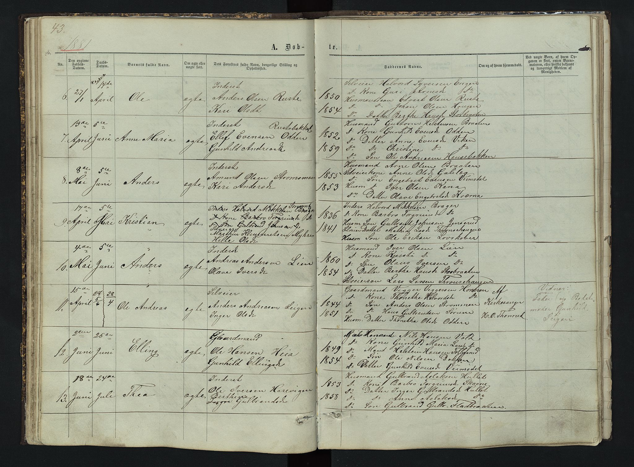 Sør-Aurdal prestekontor, AV/SAH-PREST-128/H/Ha/Hab/L0003: Klokkerbok nr. 3, 1862-1893, s. 43