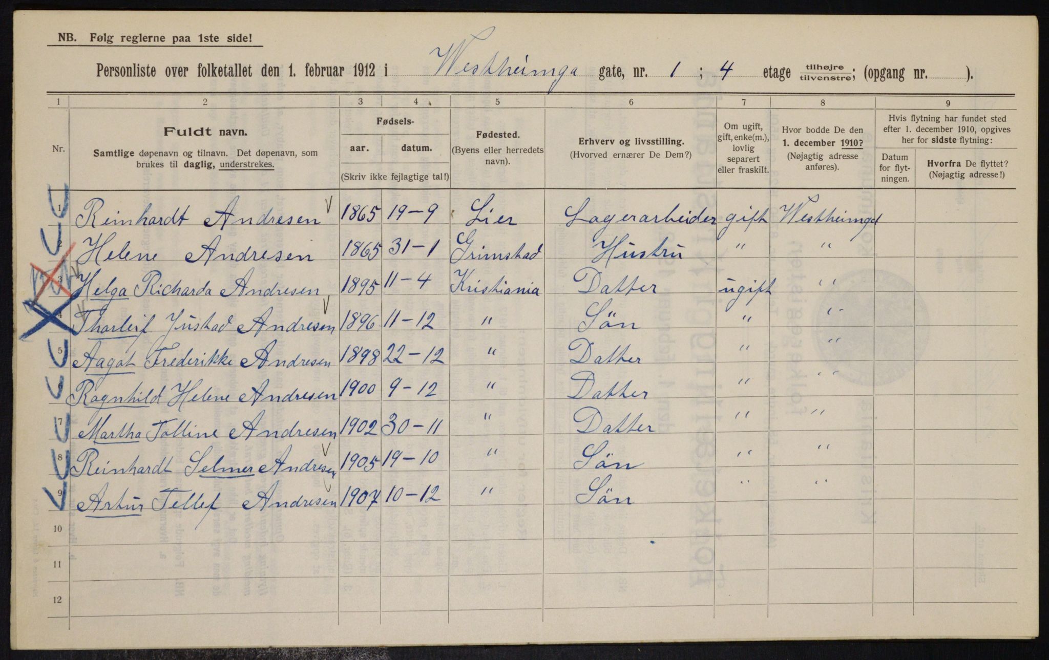 OBA, Kommunal folketelling 1.2.1912 for Kristiania, 1912, s. 122390