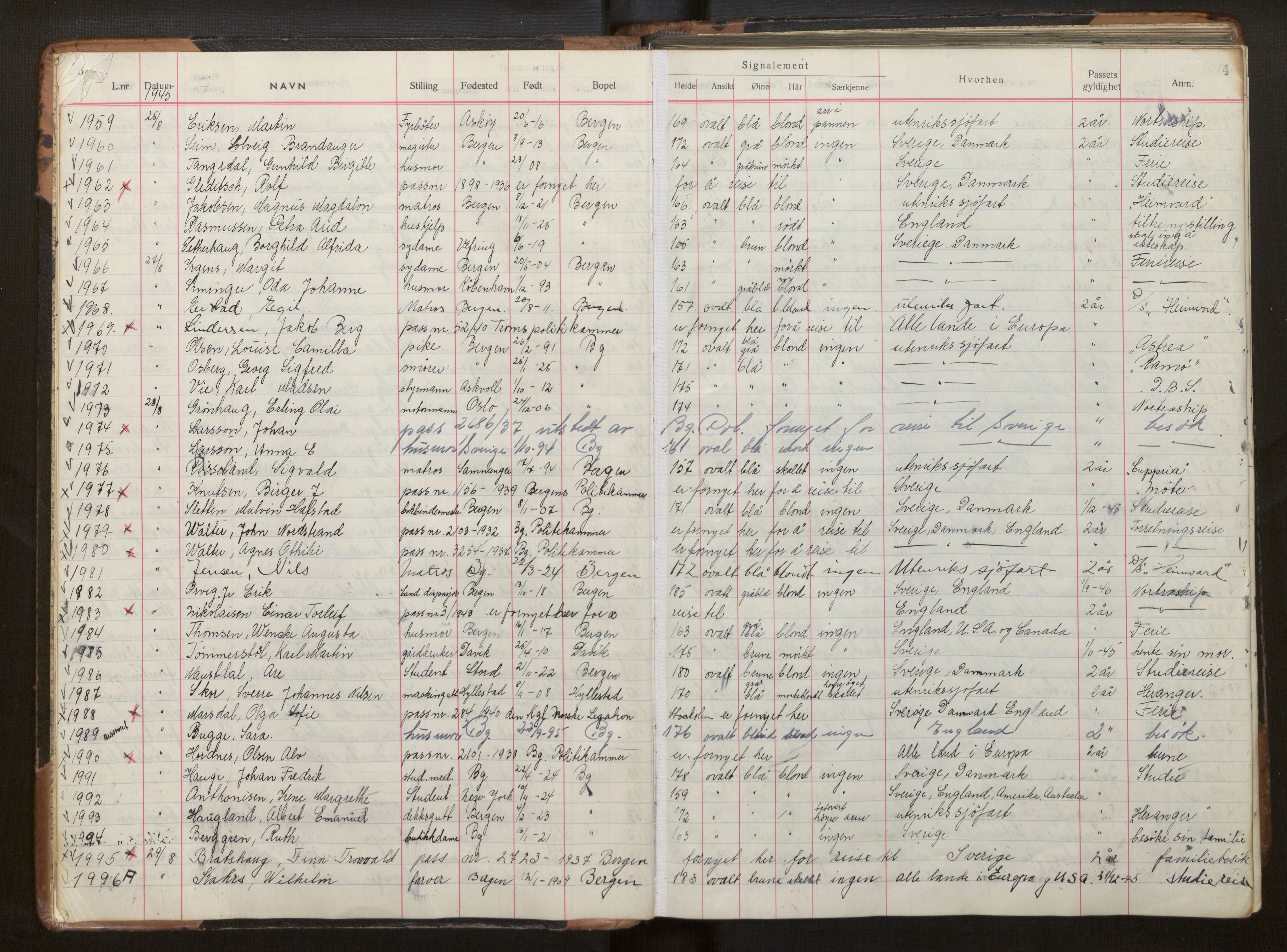 Bergen politikammer / politidistrikt, AV/SAB-A-60401/L/La/Lab/L0016: Passprotokoll, 1945-1947
