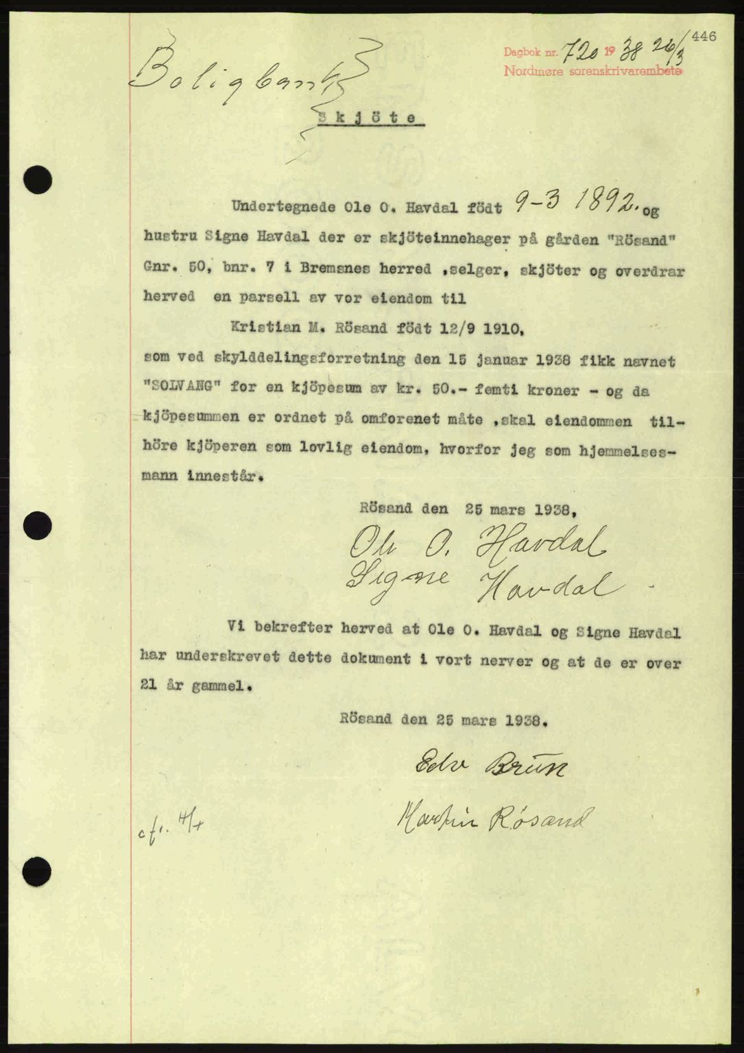 Nordmøre sorenskriveri, SAT/A-4132/1/2/2Ca: Pantebok nr. A83, 1938-1938, Dagboknr: 720/1938