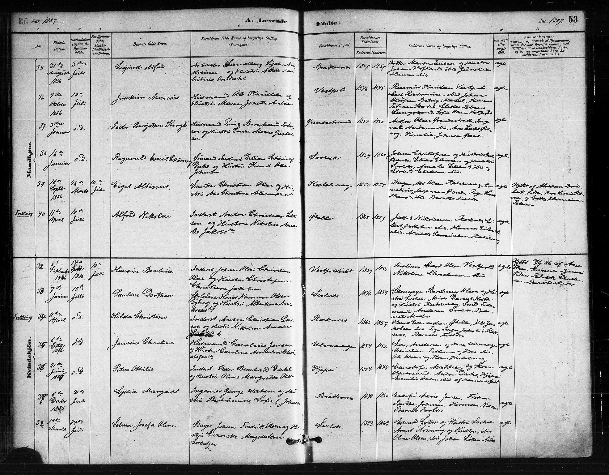 Ministerialprotokoller, klokkerbøker og fødselsregistre - Nordland, SAT/A-1459/874/L1059: Ministerialbok nr. 874A03, 1884-1890, s. 53