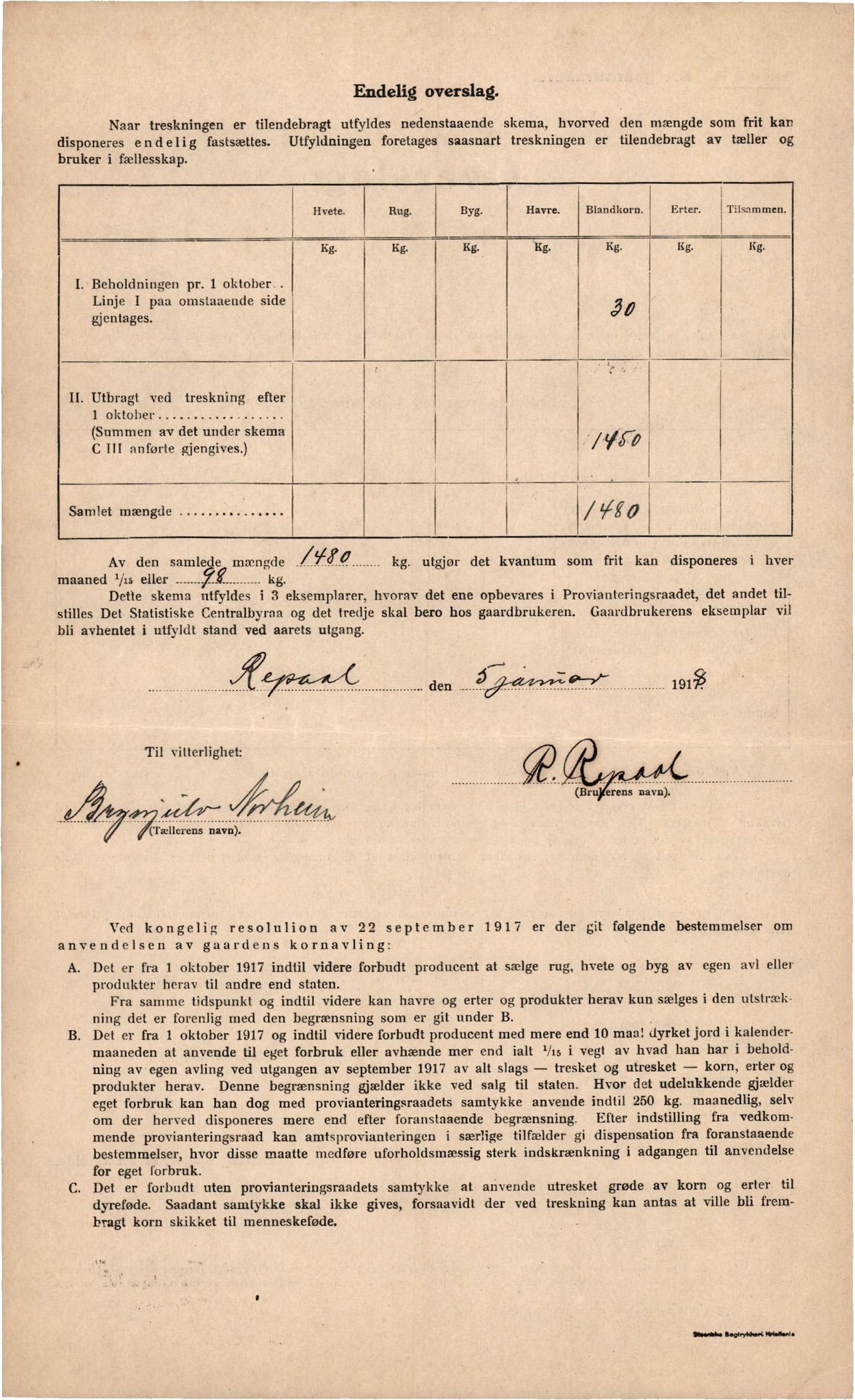 Voss kommune. Provianteringsrådet, IKAH/1235-840/F/Fa/L0001/0005: Kornteljinga. Oppgåve over gardbrukarar / Kornteljinga gnr. 100 Tøn – gnr. 140 Skiple , 1917