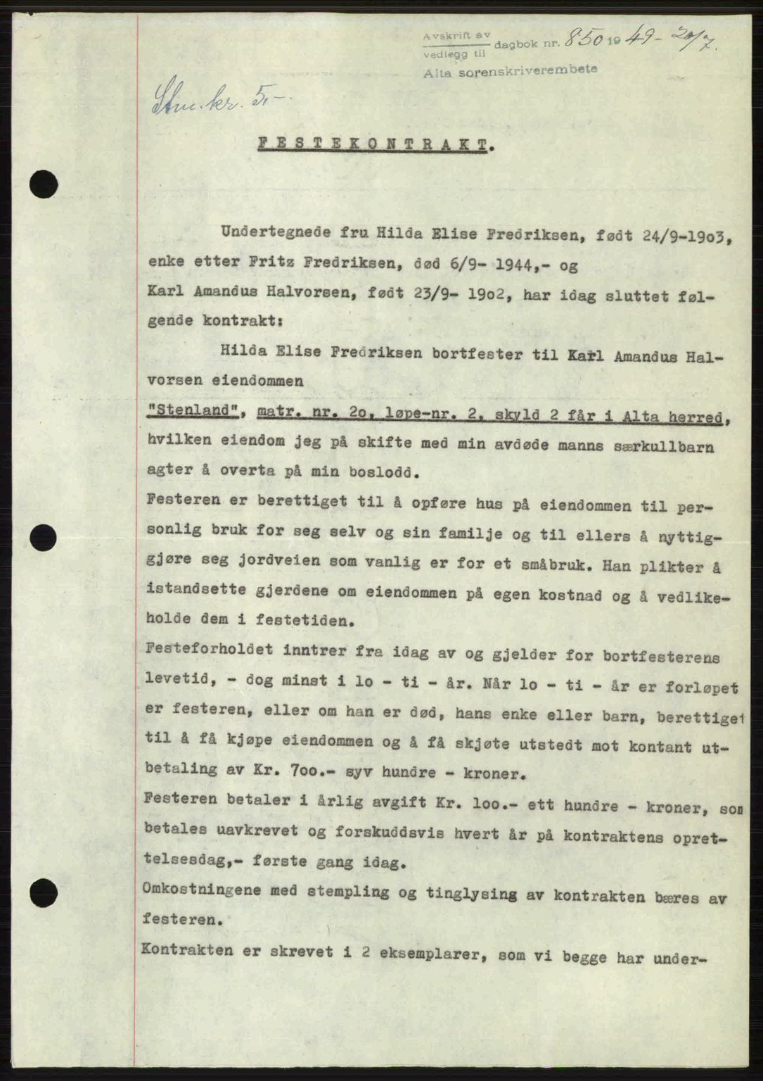 Alta fogderi/sorenskriveri, SATØ/SATØ-5/1/K/Kd/L0038pantebok: Pantebok nr. 41-42, 1949-1950, Dagboknr: 850/1949