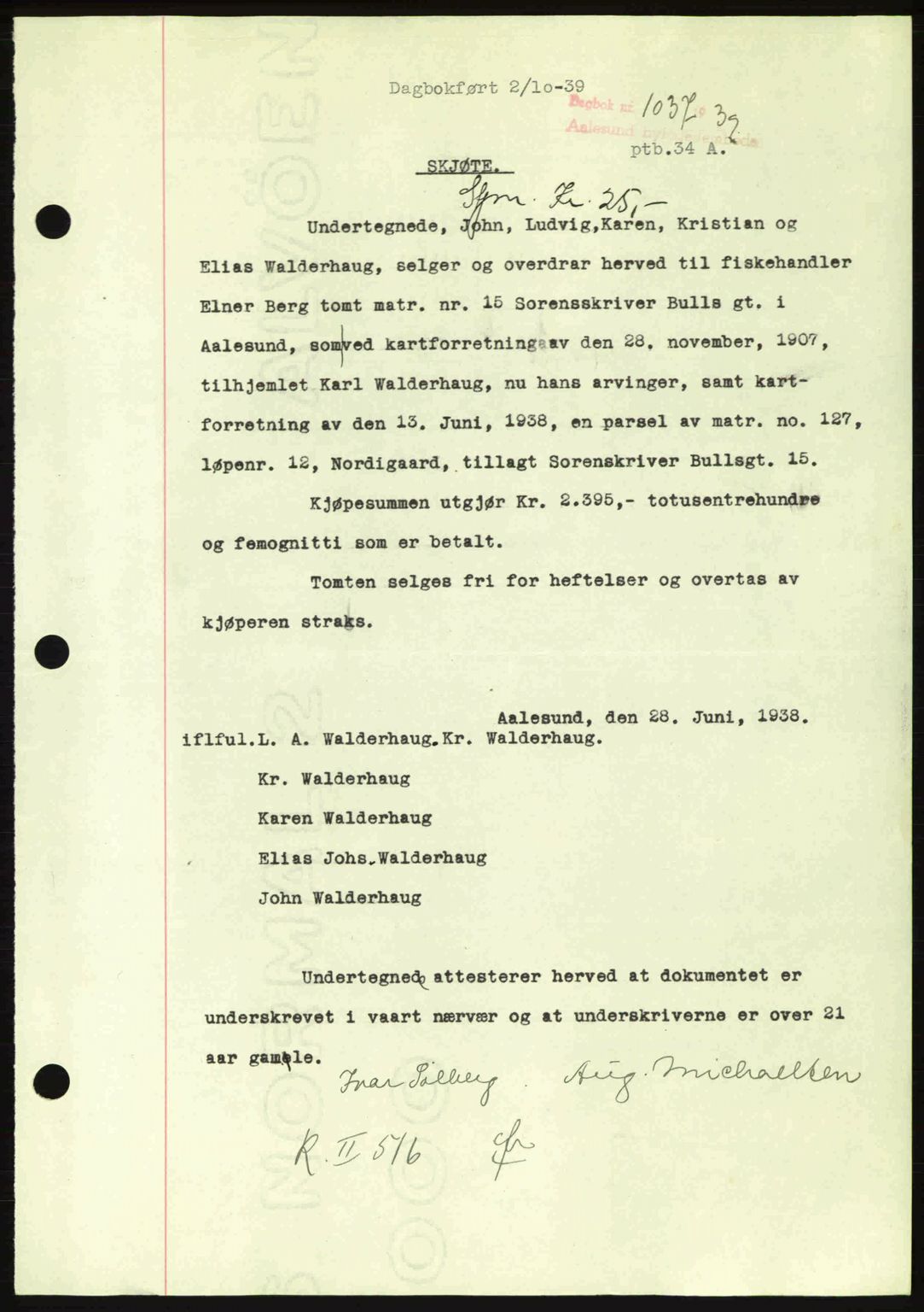 Ålesund byfogd, AV/SAT-A-4384: Pantebok nr. 34 II, 1938-1940, Dagboknr: 1037/1939