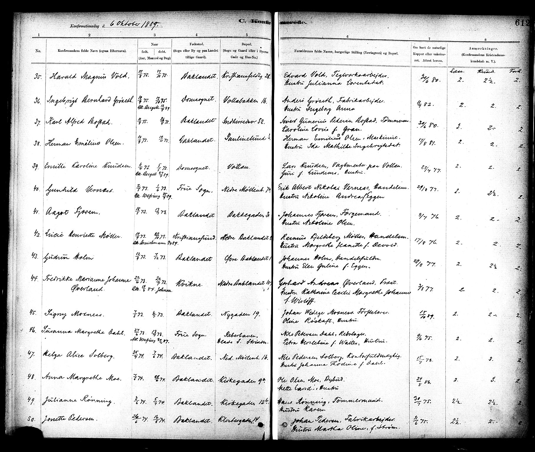 Ministerialprotokoller, klokkerbøker og fødselsregistre - Sør-Trøndelag, AV/SAT-A-1456/604/L0188: Ministerialbok nr. 604A09, 1878-1892, s. 612